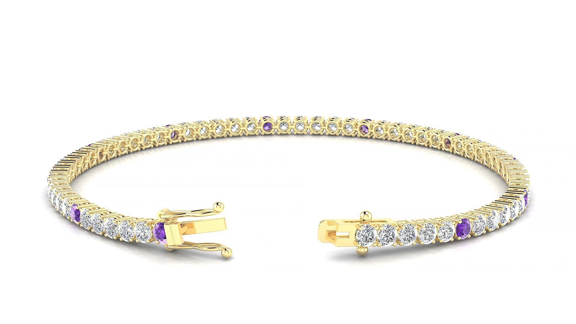 Capri 1-5 | 18k Yellow Gold 2.5 mm Round Natural Amethyst & Diamond 20 cm Tennis Bracelet