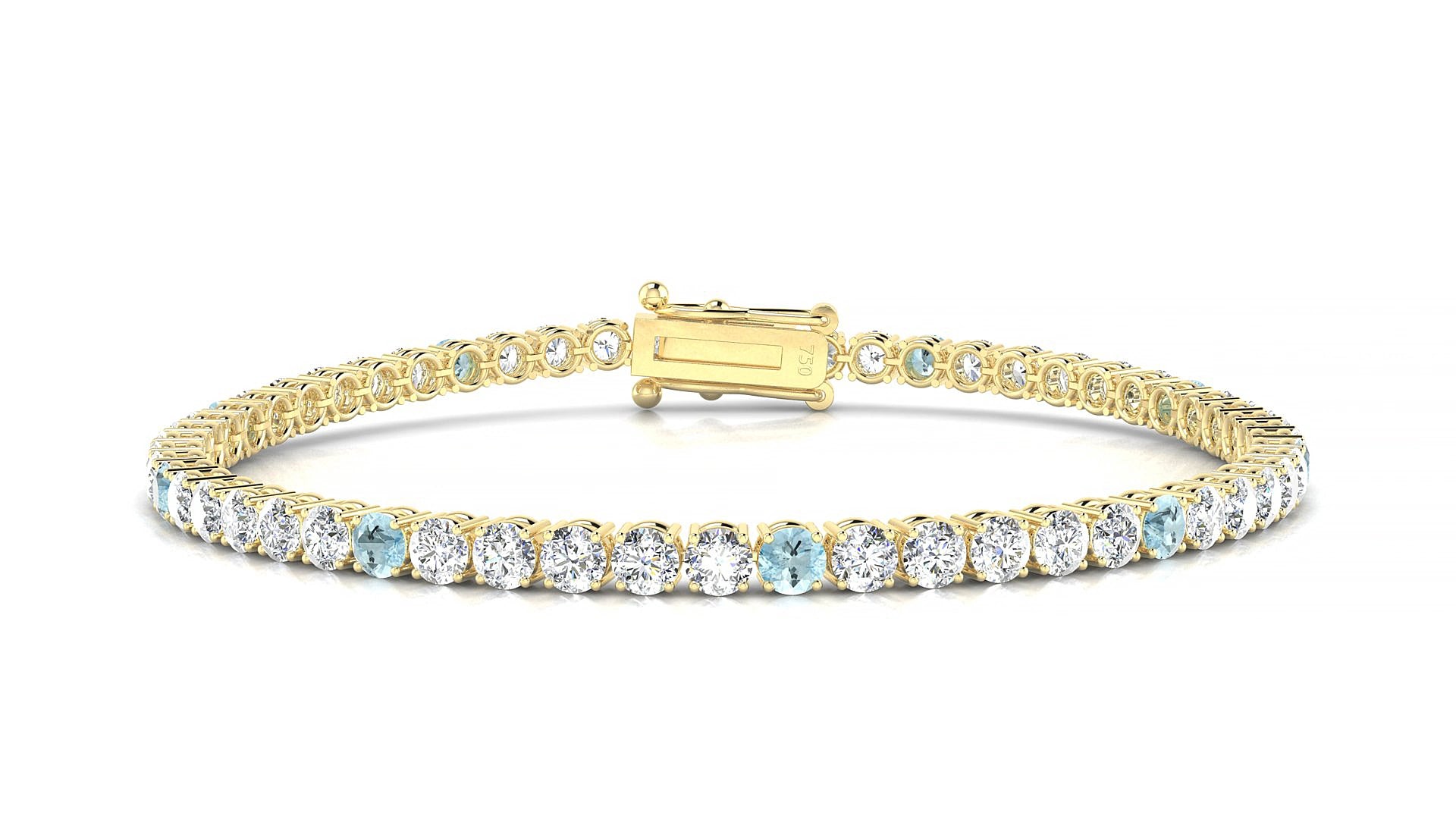 Capri 1-5 | 18k Yellow Gold 3 mm Round Natural Aquamarine & Diamond 17 cm Tennis Bracelet