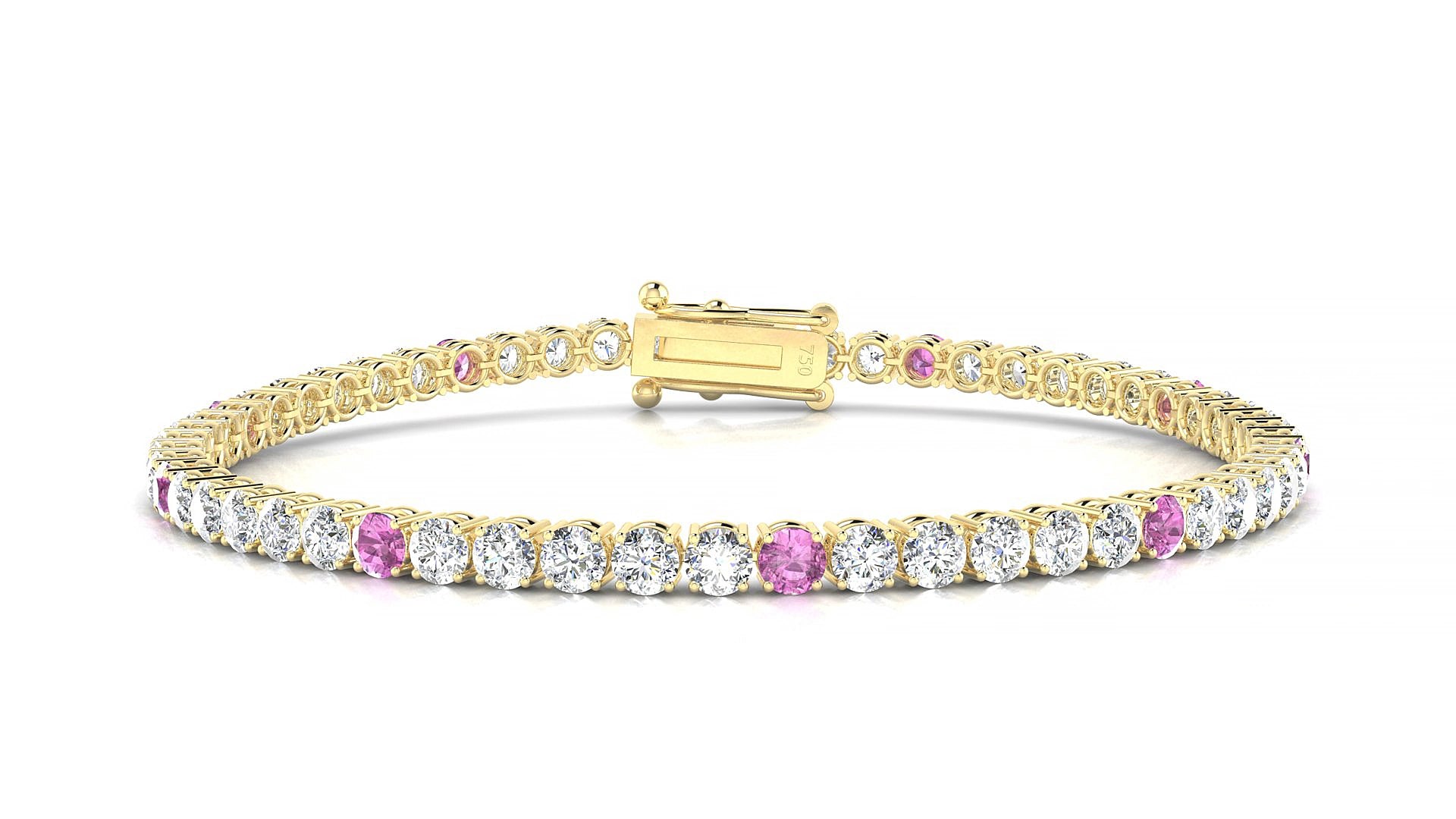 Capri 1-5 | 18k Yellow Gold 3 mm Round Natural Pink Sapphire & Diamond 17 cm Tennis Bracelet