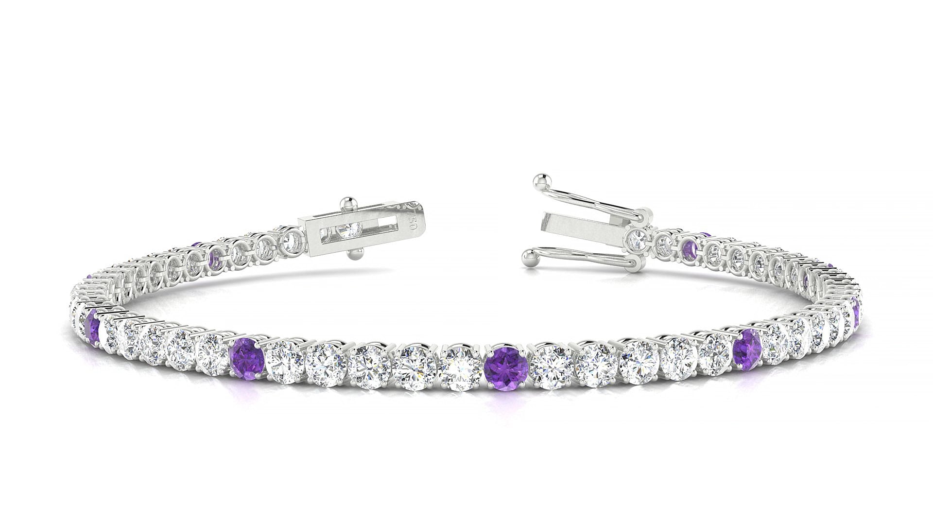 Capri 1-5 | 18k White Gold 3 mm Round Natural Amethyst & Diamond 15 cm Tennis Bracelet