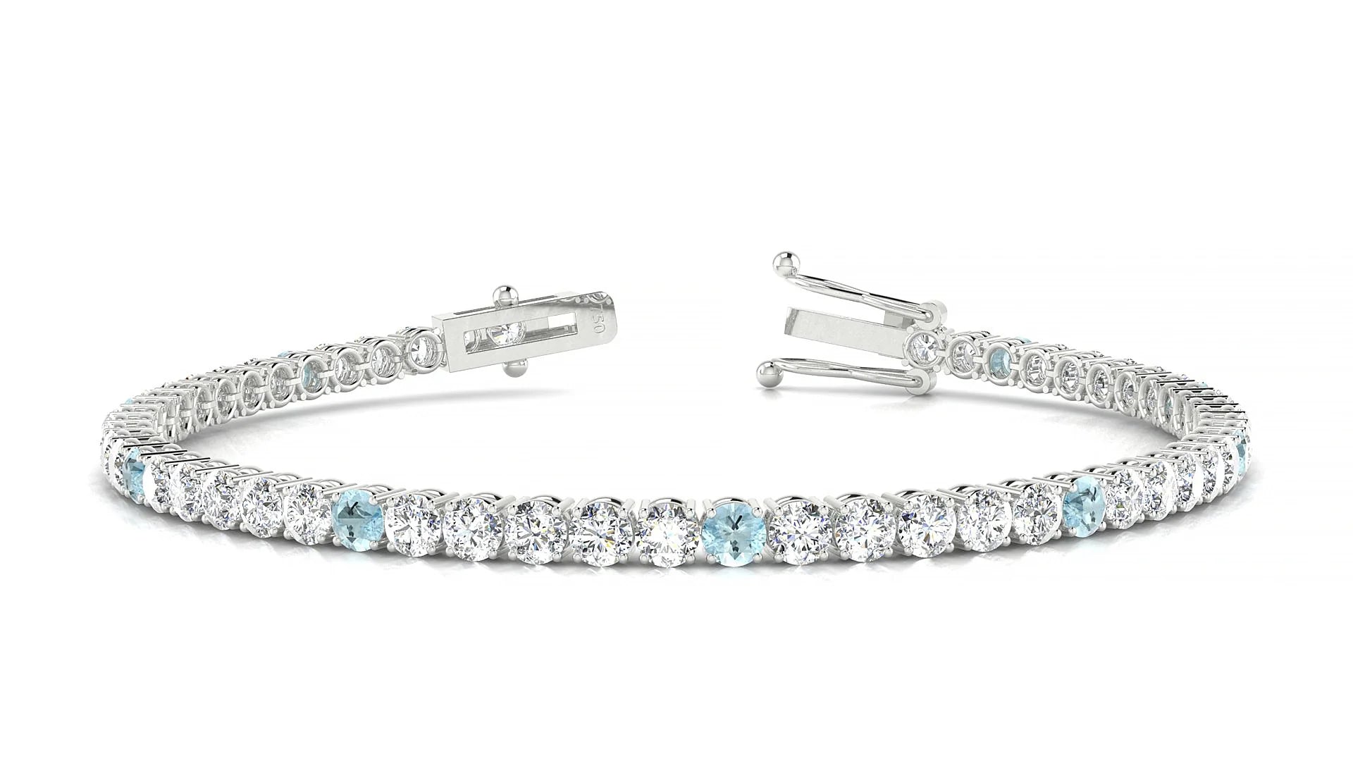 Capri 1-5 | 18k White Gold 3 mm Round Natural Aquamarine & Diamond Tennis Bracelet