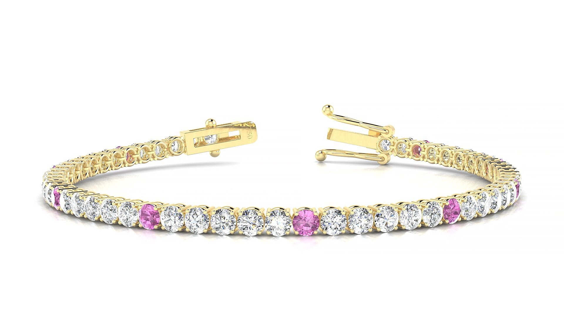 Capri 1-5 | 18k Yellow Gold 3 mm Round Natural Pink Sapphire & Diamond 15 cm Tennis Bracelet