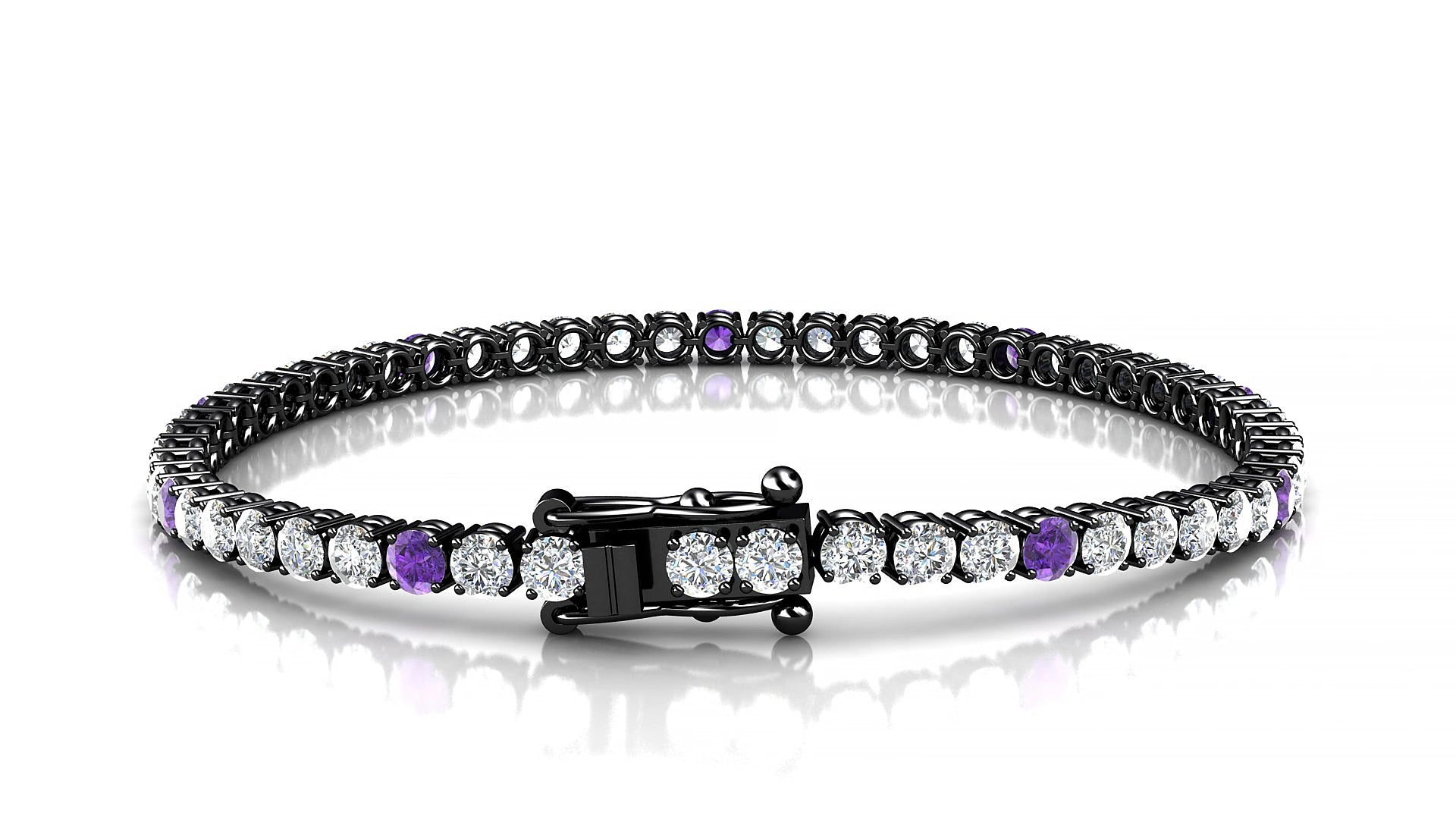 Capri 1-5 | 18k Black Gold 3 mm Round Natural Amethyst & Diamond 19 cm Tennis Bracelet