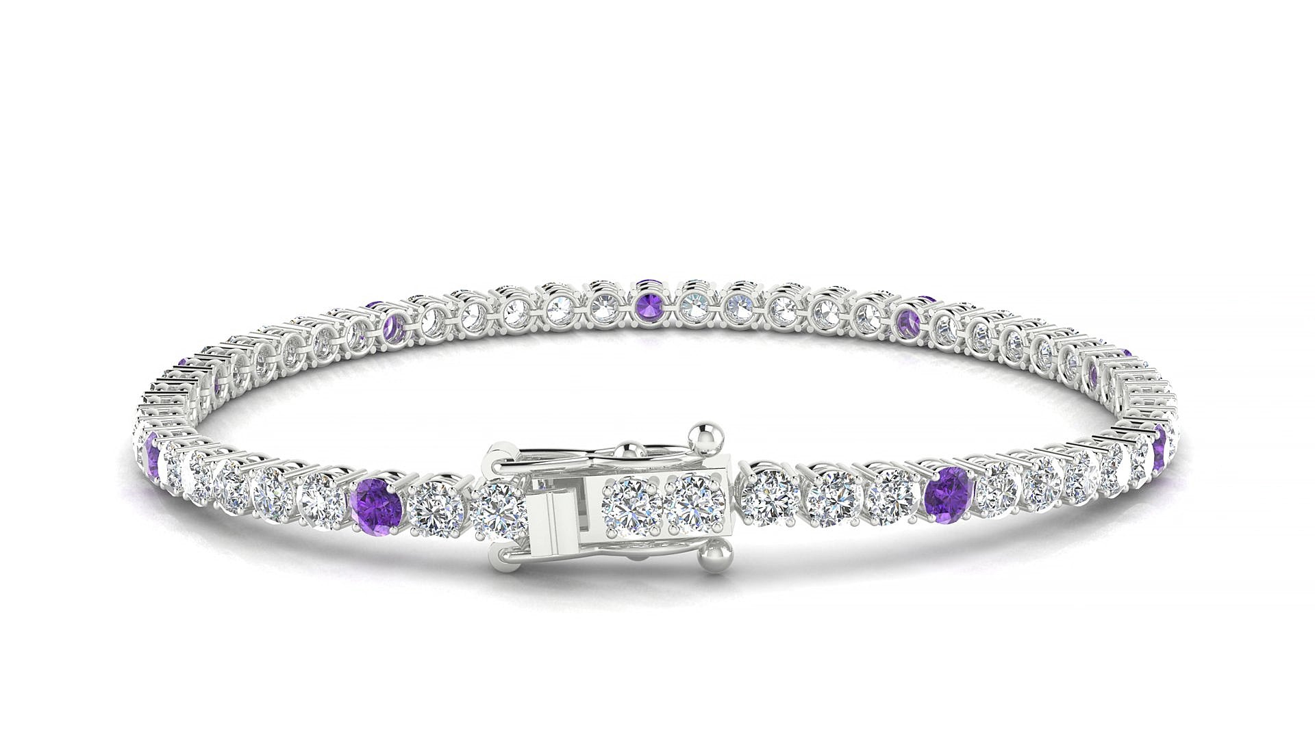Capri 1-5 | 18k White Gold 3 mm Round Natural Amethyst & Diamond 15 cm Tennis Bracelet