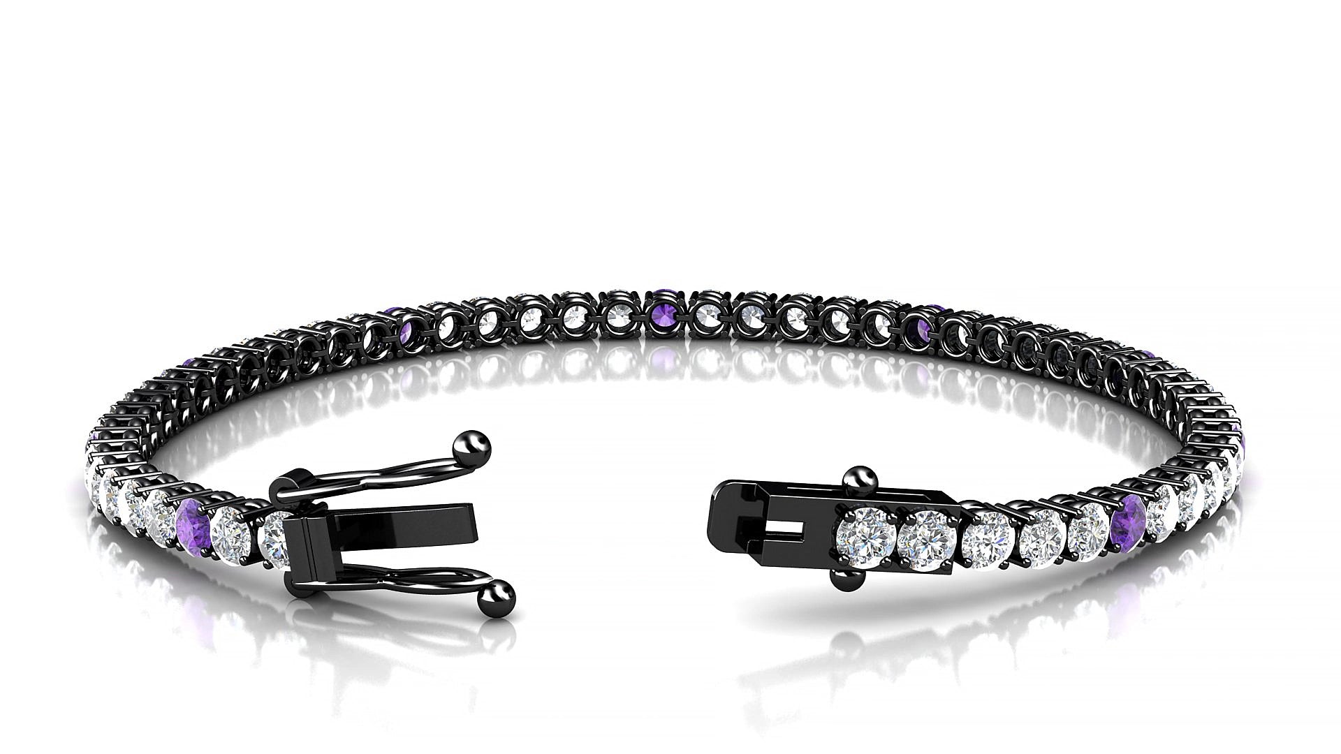 Capri 1-5 | 18k Black Gold 3 mm Round Natural Amethyst & Diamond 15 cm Tennis Bracelet