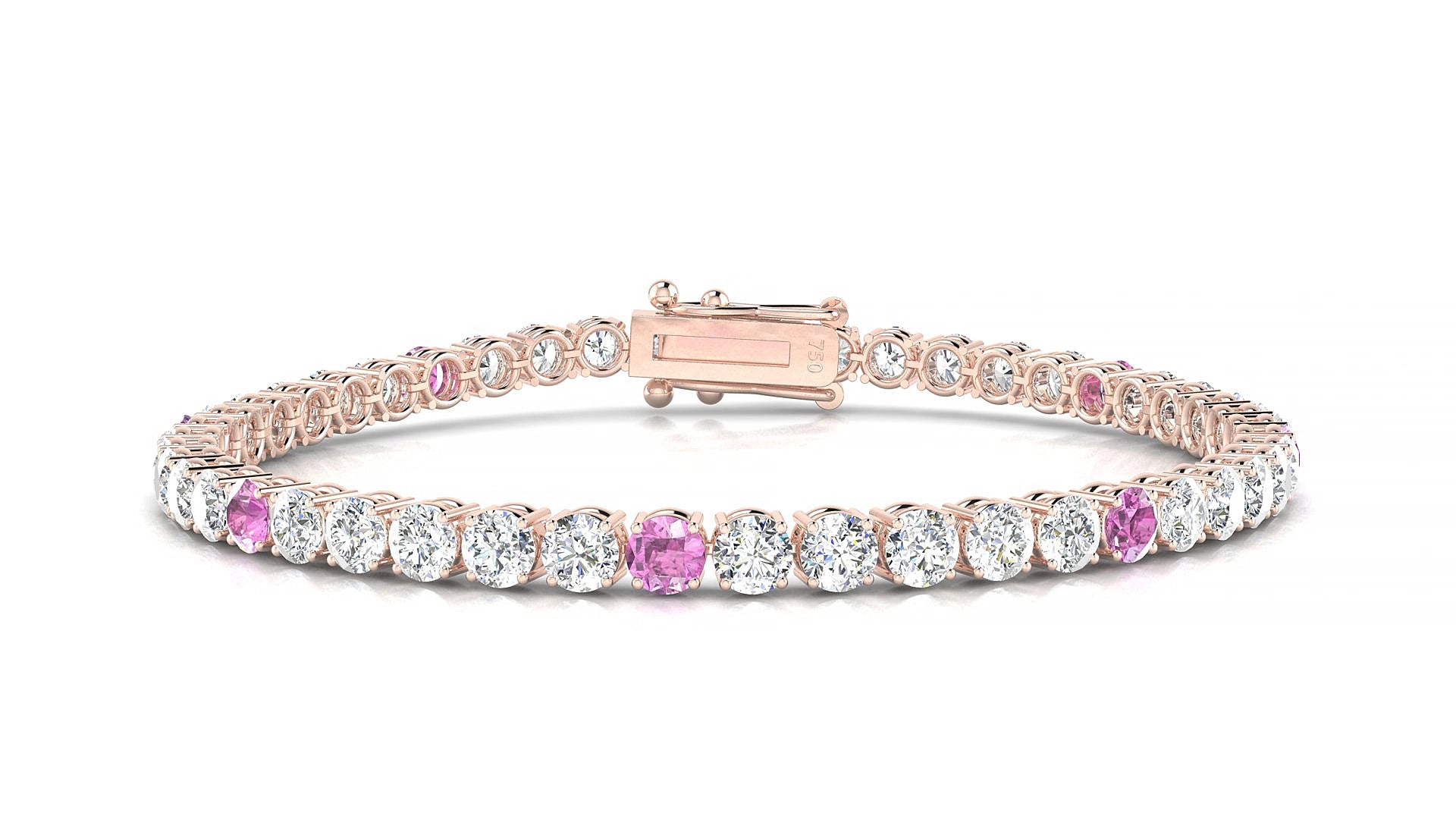 Capri 1-5 | 18k Rose Gold 3.4 mm Round Natural Pink Sapphire & Diamond 15 cm Tennis Bracelet