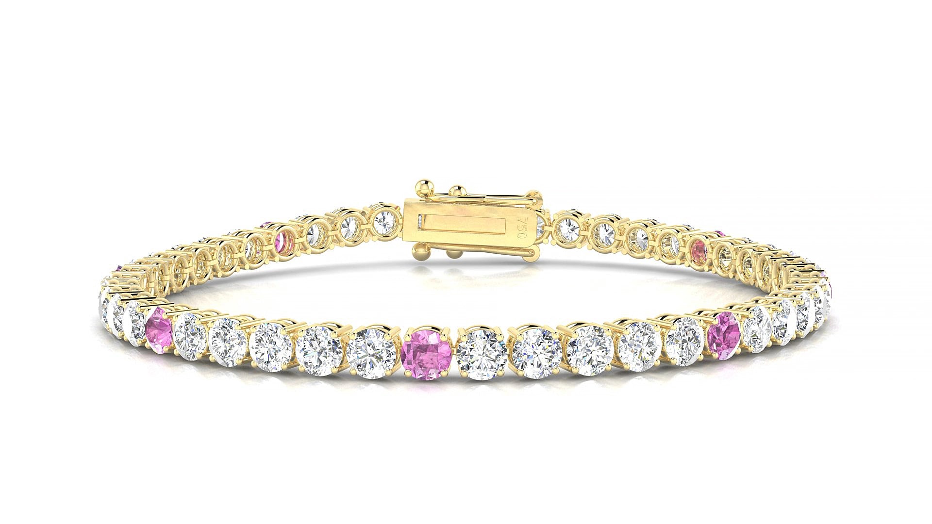 Capri 1-5 | 18k Yellow Gold 3.4 mm Round Natural Pink Sapphire & Diamond 17 cm Tennis Bracelet
