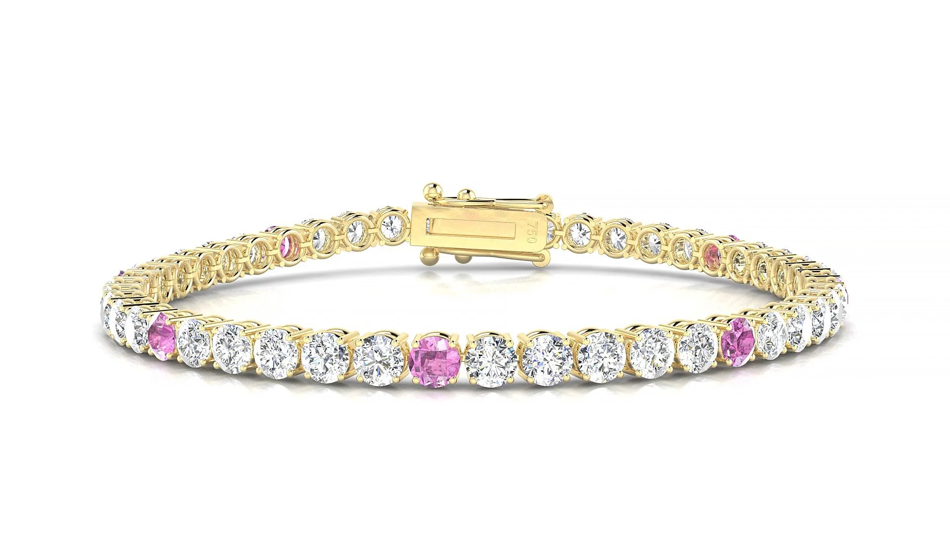 Capri 1-5 | 18k Yellow Gold 3.4 mm Round Natural Pink Sapphire & Diamond Tennis Bracelet