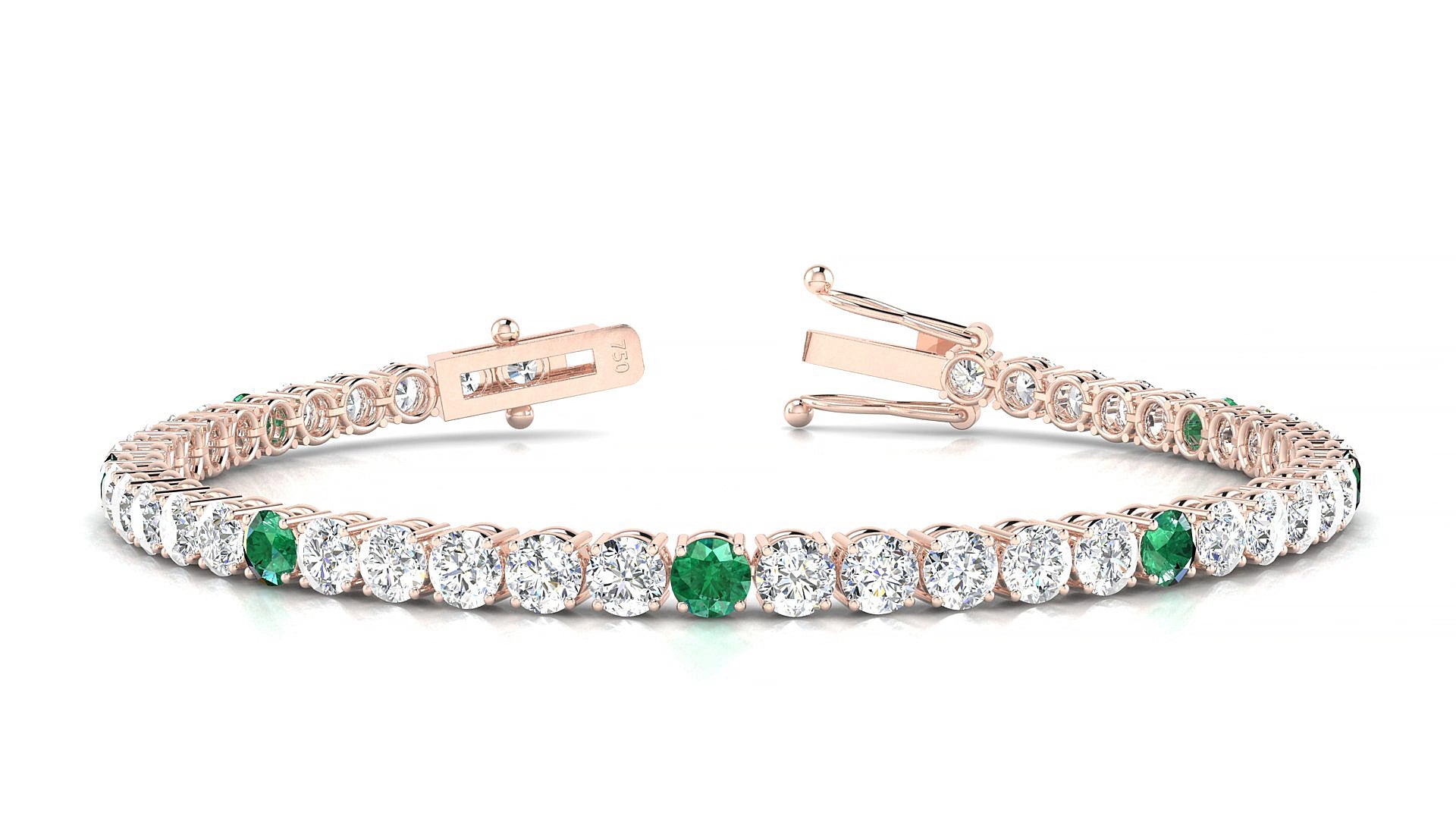 Capri 1-5 | 18k Rose Gold 3.4 mm Round Natural Emerald & Diamond 15 cm Tennis Bracelet