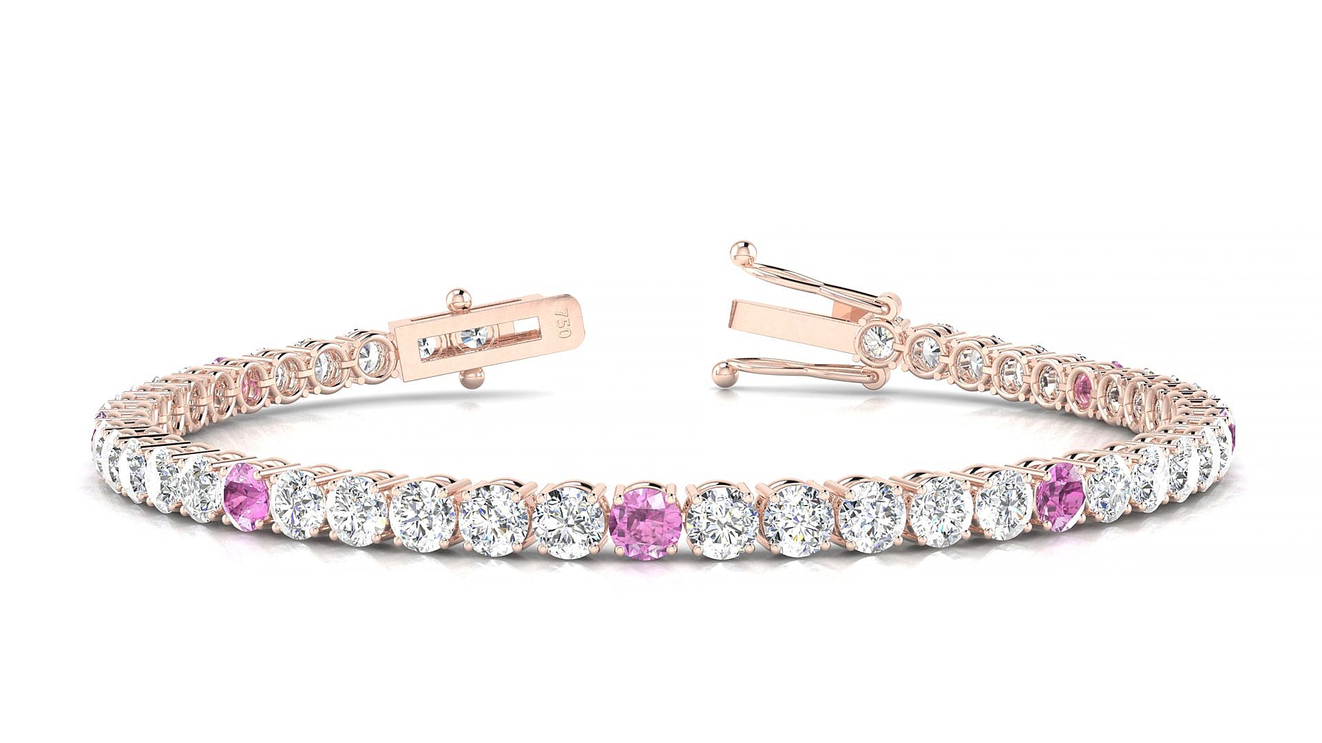Capri 1-5 | 18k Rose Gold 3.4 mm Round Natural Pink Sapphire & Diamond 15 cm Tennis Bracelet