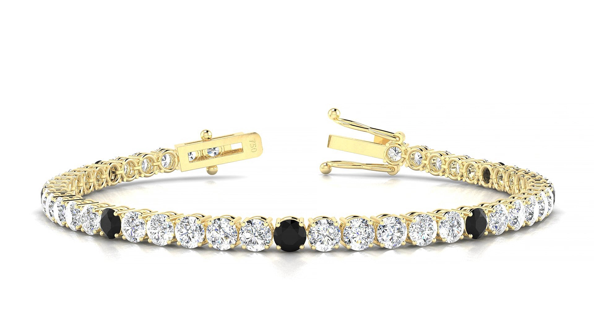 Capri 1-5 | 18k Yellow Gold 3.4 mm Round Natural Black Diamond & Diamond 19 cm Tennis Bracelet