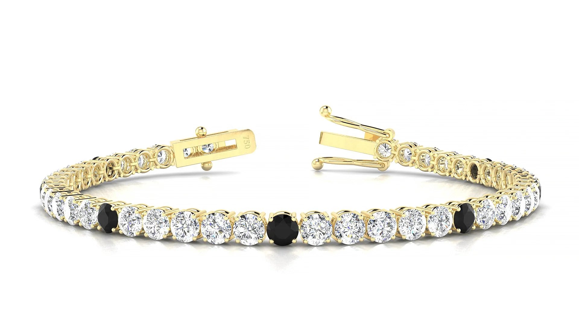 Capri 1-5 | 18k Yellow Gold 3.4 mm Round Natural Black Diamond & Diamond Tennis Bracelet