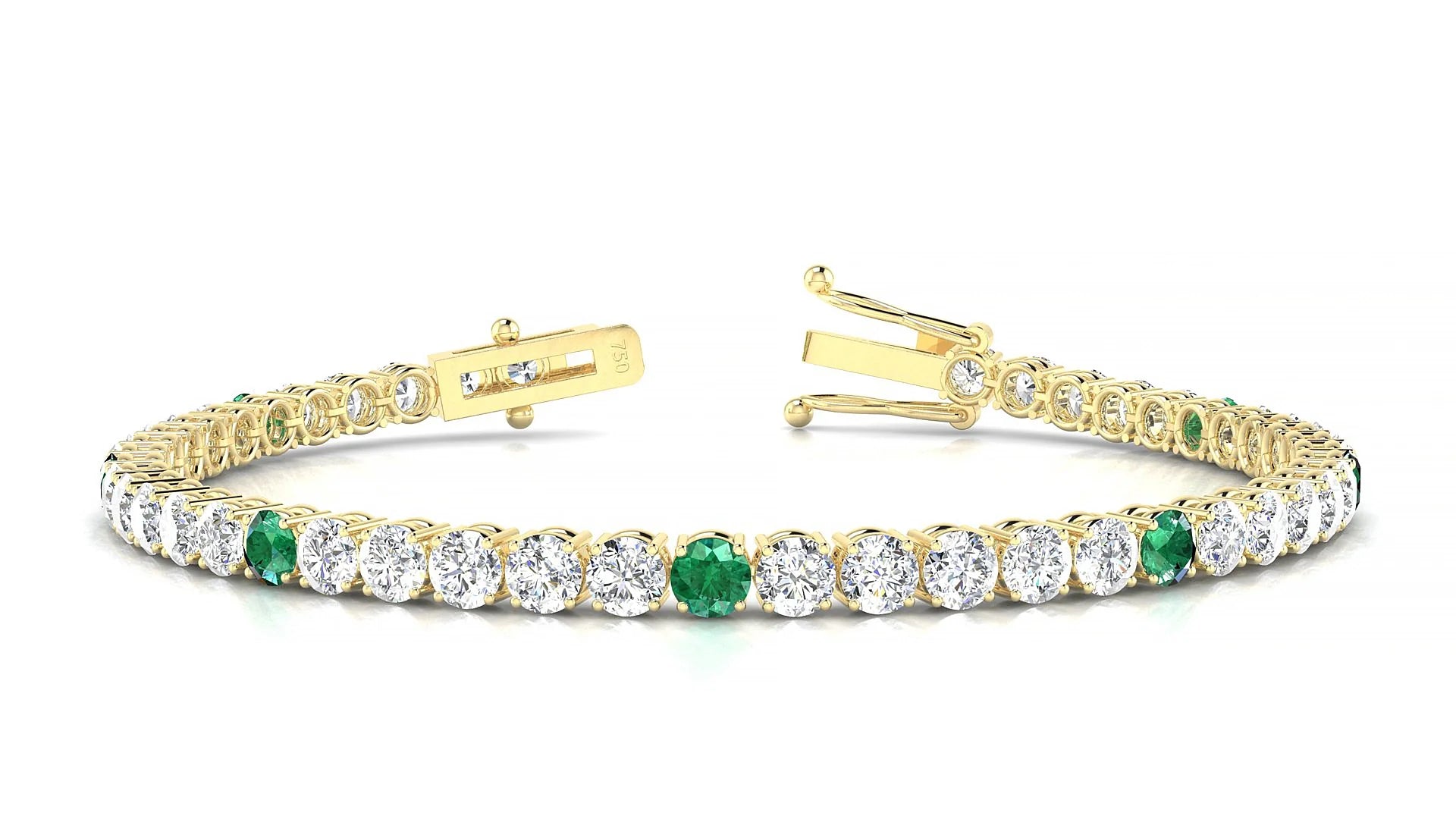 Capri 1-5 | 18k Yellow Gold 3.4 mm Round Natural Emerald & Diamond Tennis Bracelet