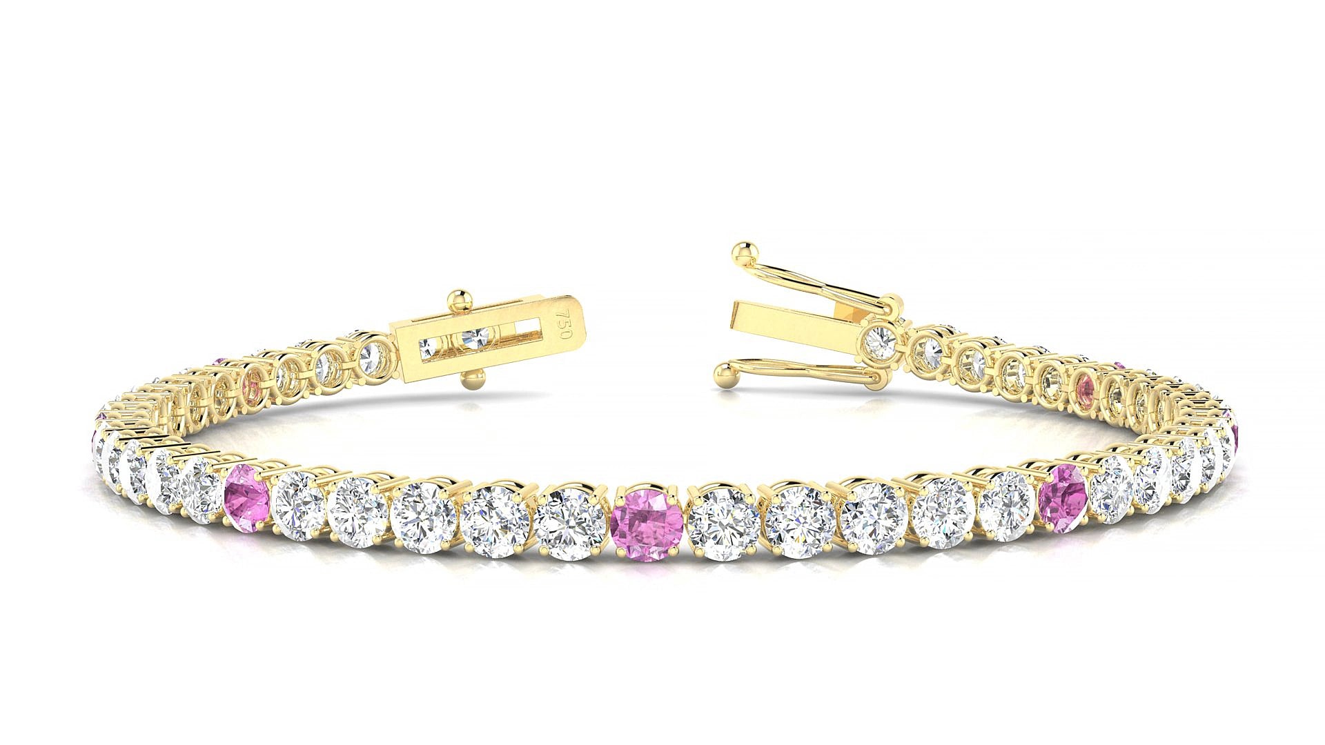 Capri 1-5 | 18k Yellow Gold 3.4 mm Round Natural Pink Sapphire & Diamond 19 cm Tennis Bracelet