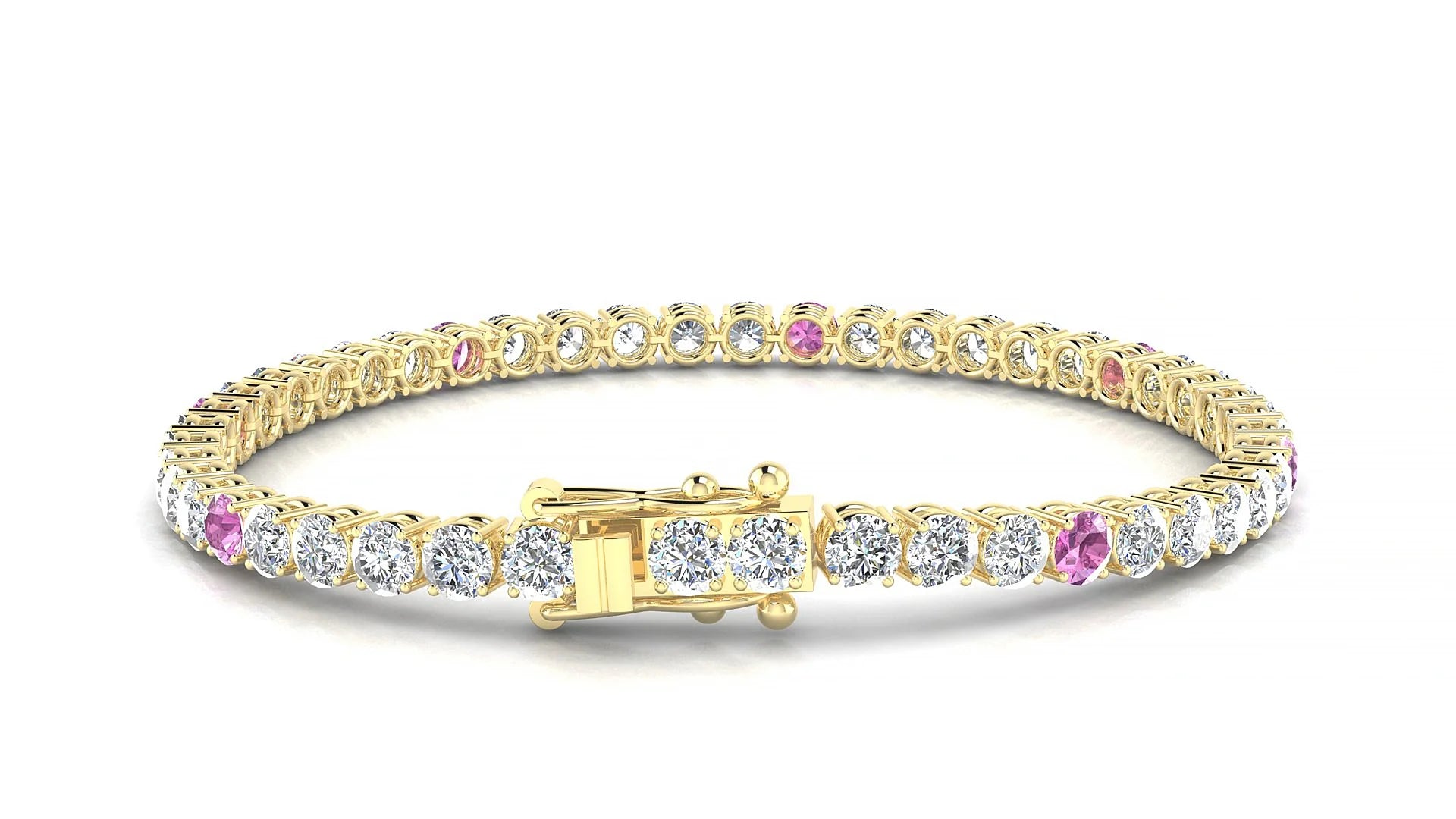 Capri 1-5 | 18k Yellow Gold 3.4 mm Round Natural Pink Sapphire & Diamond Tennis Bracelet