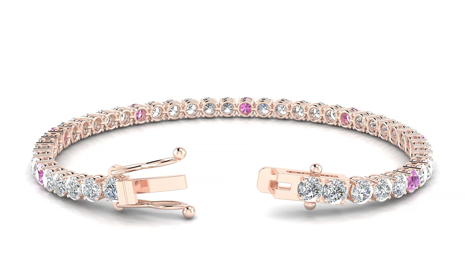 Capri 1-5 | 18k Rose Gold 3.4 mm Round Natural Pink Sapphire & Diamond 15 cm Tennis Bracelet