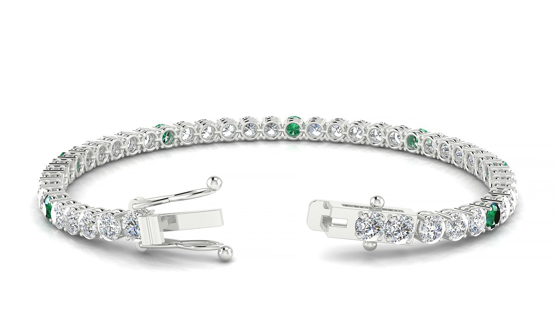 Capri 1-5 | 18k White Gold 3.4 mm Round Natural Emerald & Diamond 16 cm Tennis Bracelet