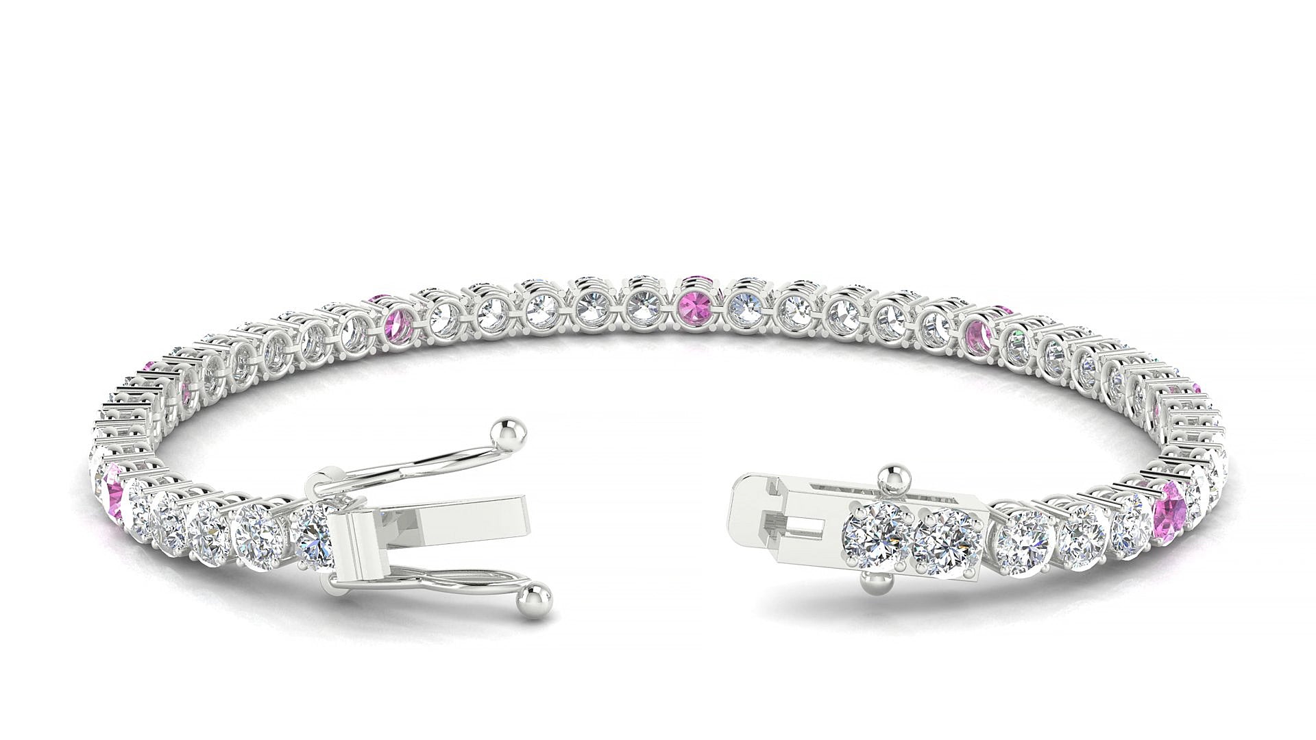 Capri 1-5 | 18k White Gold 3.4 mm Round Natural Pink Sapphire & Diamond 15 cm Tennis Bracelet