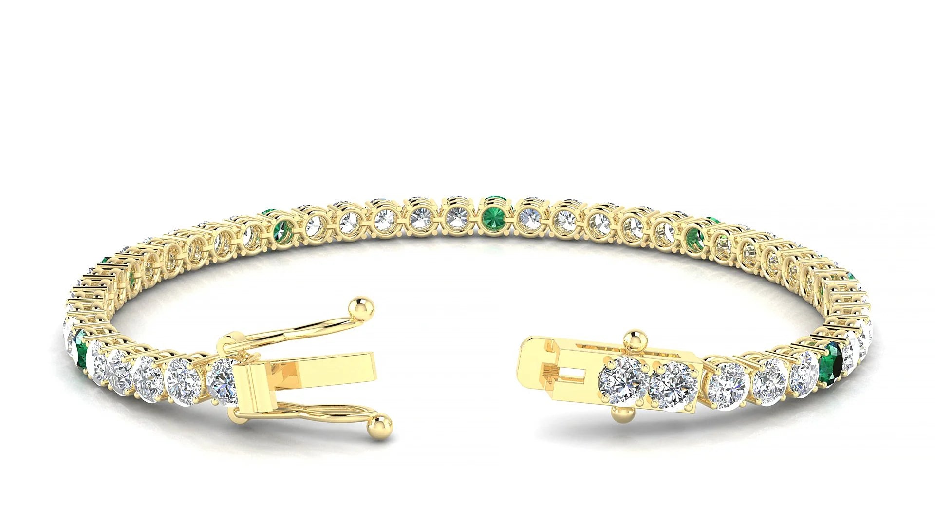 Capri 1-5 | 18k Yellow Gold 3.4 mm Round Natural Emerald & Diamond Tennis Bracelet
