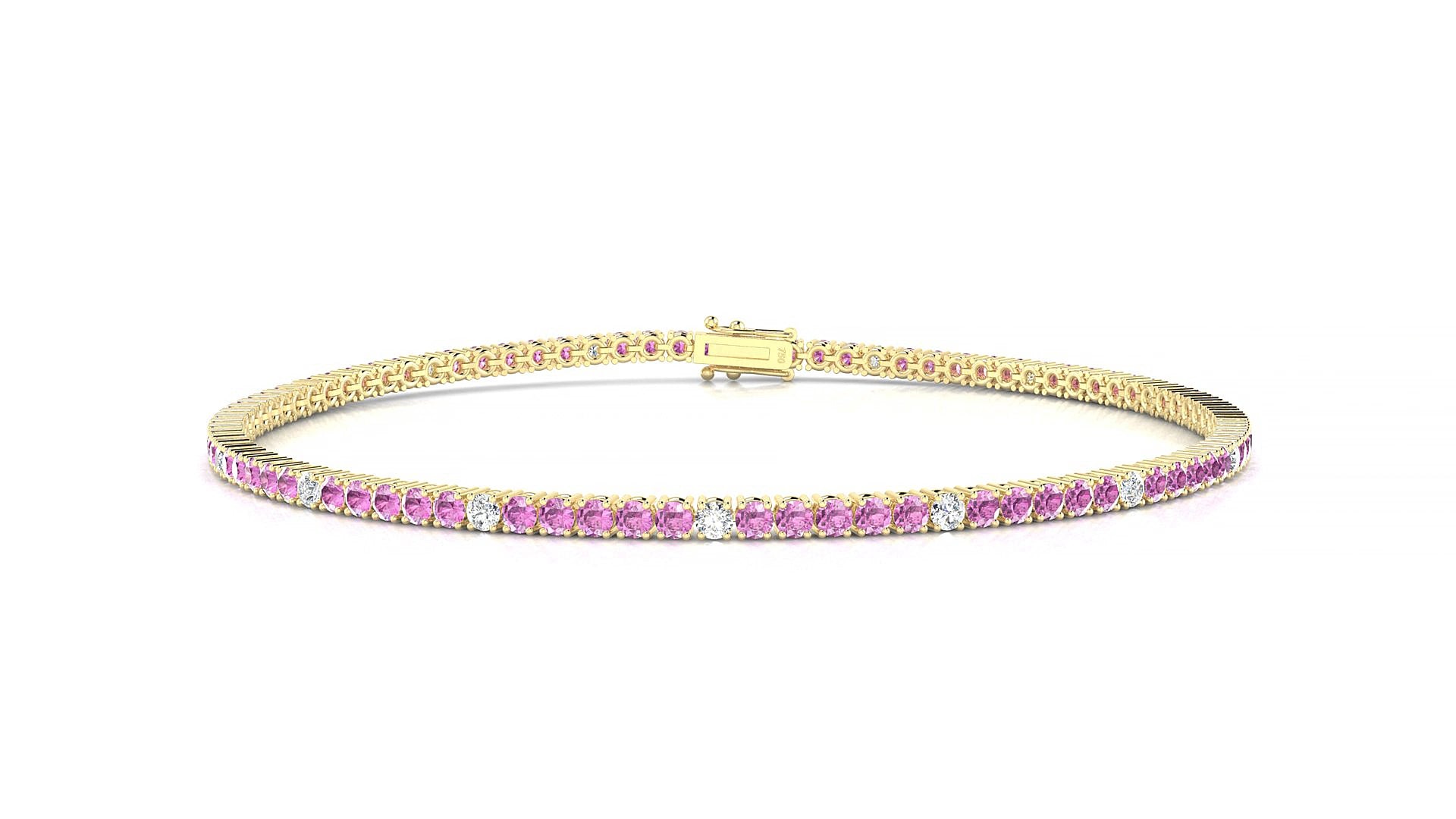 Capri 5-1 | 18k Yellow Gold 1.7 mm Round Natural Pink Sapphire & Diamond 19 cm Tennis Bracelet