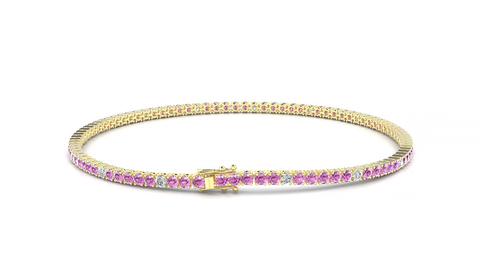 Capri 5-1 | 18k Yellow Gold 1.7 mm Round Natural Pink Sapphire & Diamond 19 cm Tennis Bracelet