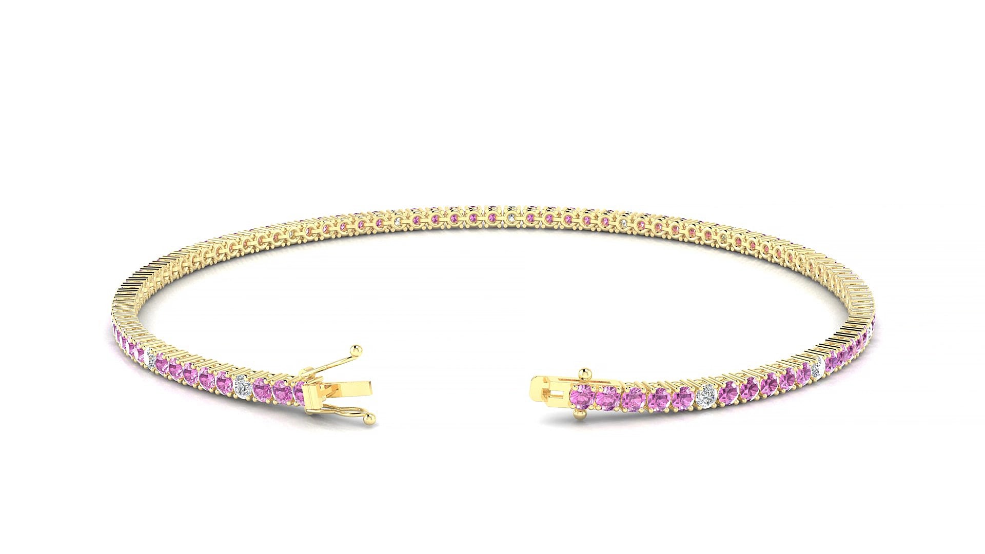 Capri 5-1 | 18k Yellow Gold 1.7 mm Round Natural Pink Sapphire & Diamond 19 cm Tennis Bracelet