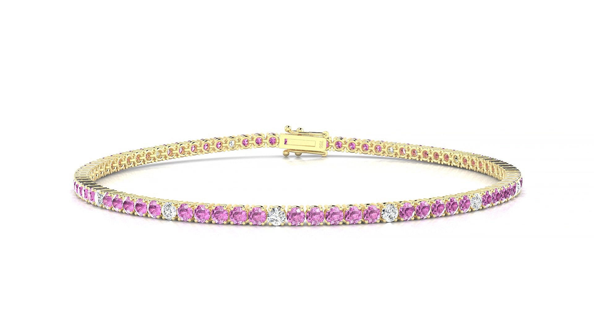 Capri 5-1 | 18k Yellow Gold 2 mm Round Natural Pink Sapphire & Diamond 18 cm Tennis Bracelet