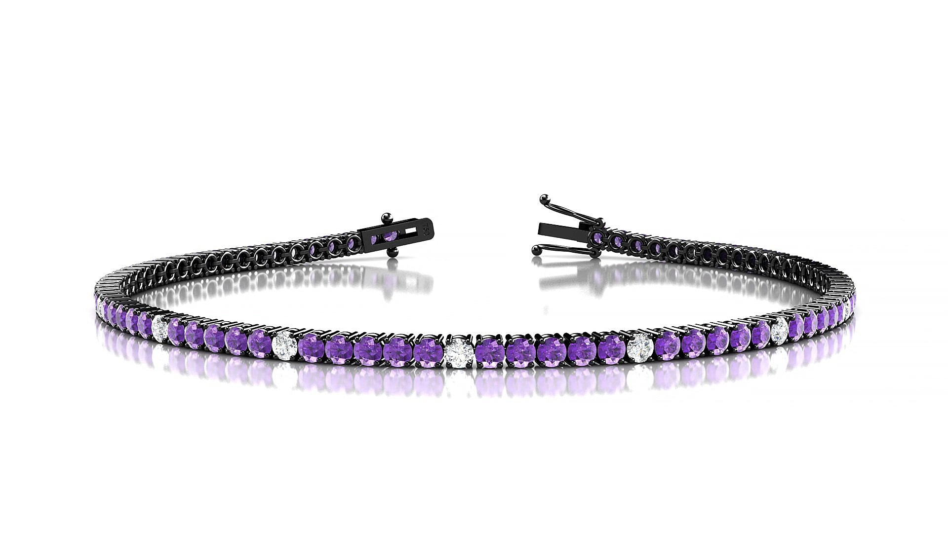 Capri 5-1 | 18k Black Gold 2 mm Round Natural Amethyst & Diamond 15 cm Tennis Bracelet