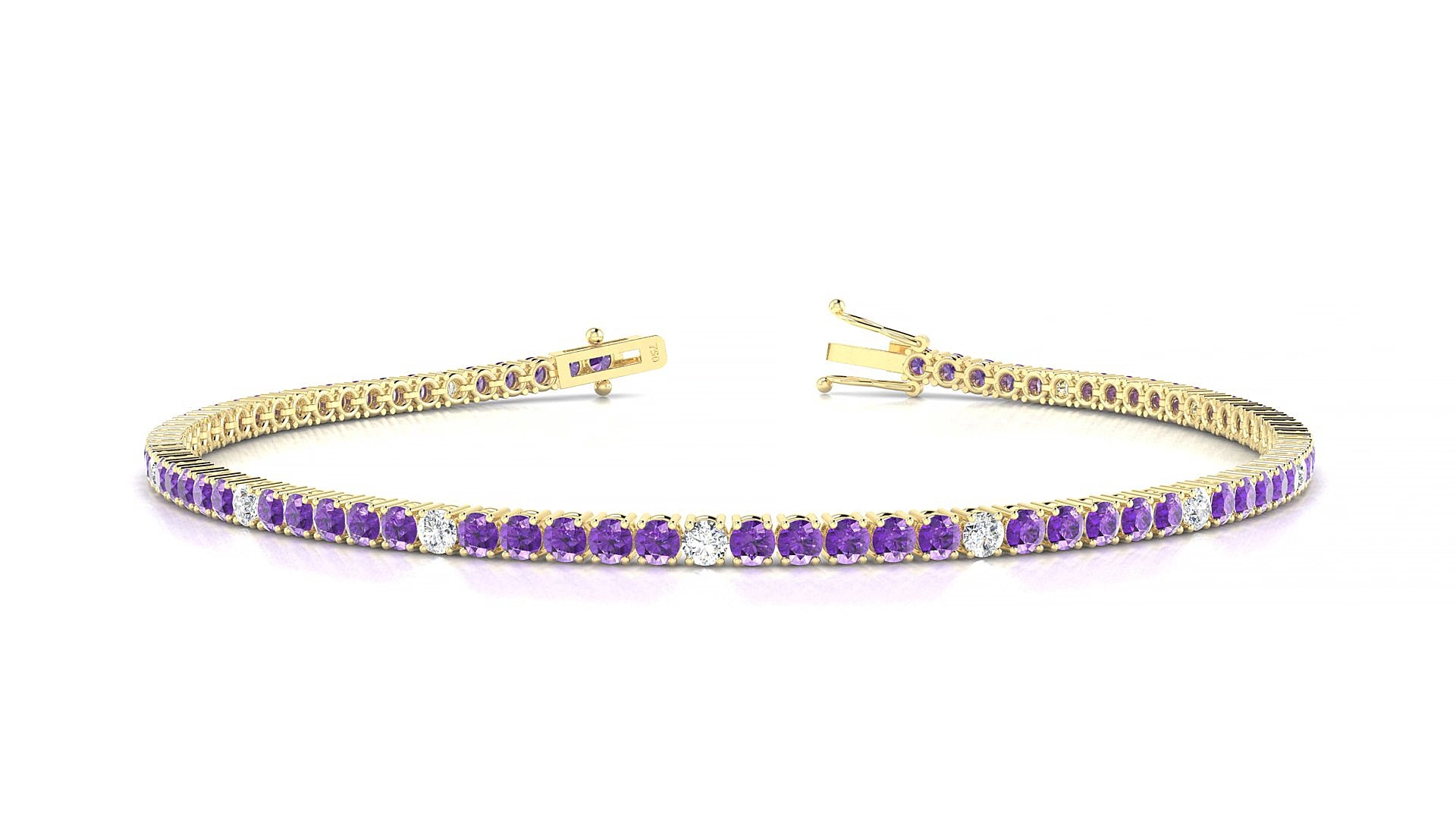 Capri 5-1 | 18k Yellow Gold 2 mm Round Natural Amethyst & Diamond 15 cm Tennis Bracelet