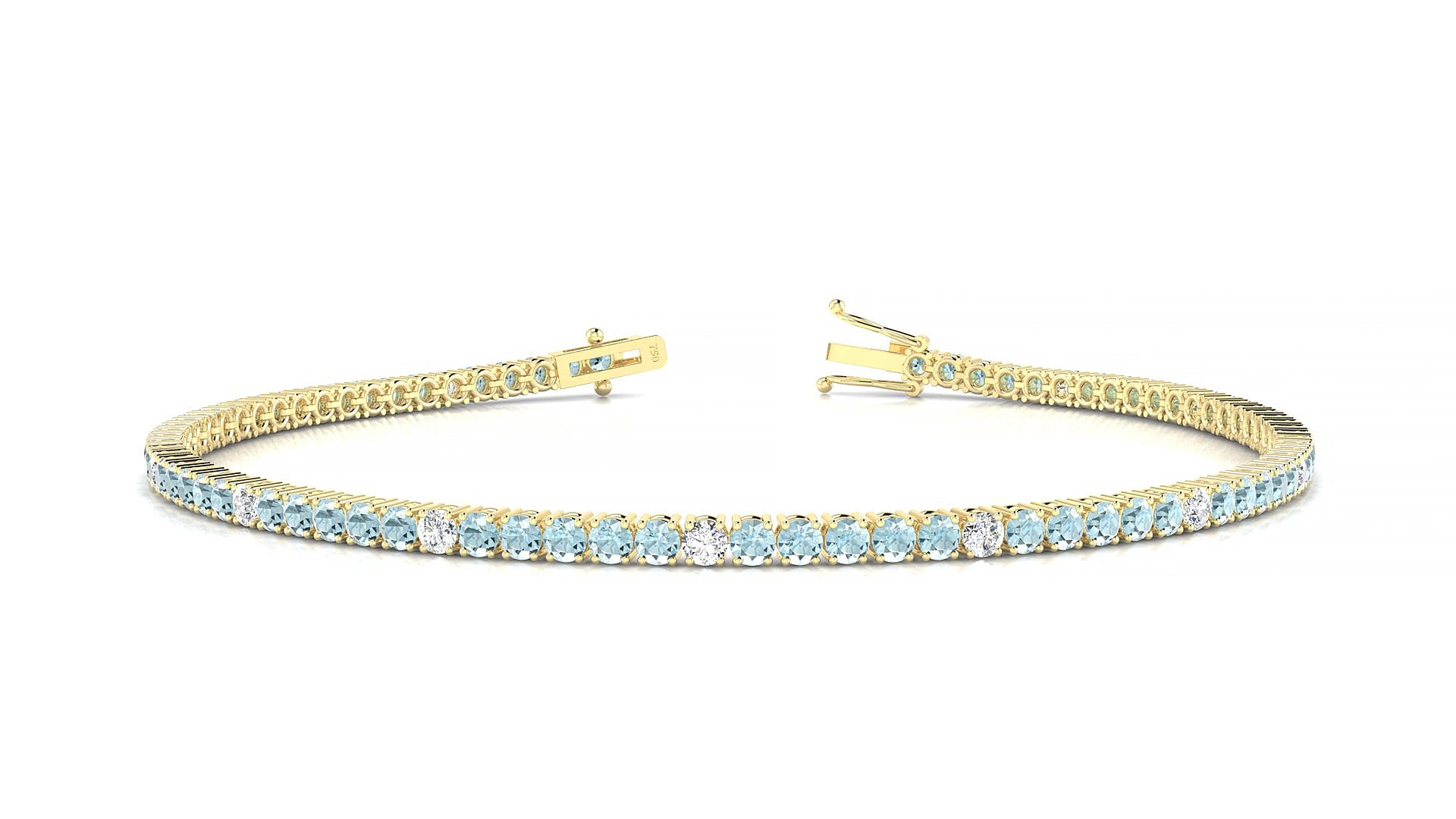 Capri 5-1 | 18k Yellow Gold 2 mm Round Natural Aquamarine & Diamond 15 cm Tennis Bracelet