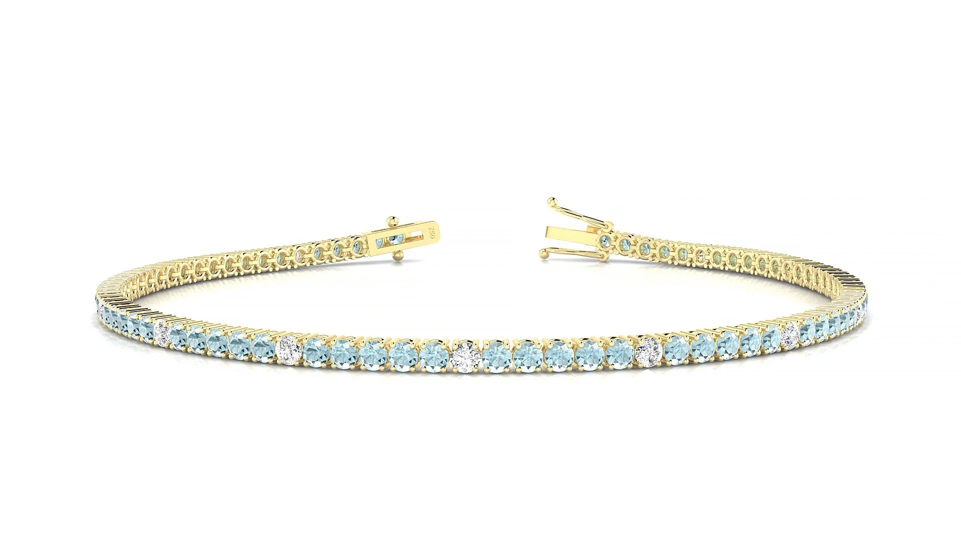 Capri 5-1 | 18k Yellow Gold 2 mm Round Natural Aquamarine & Diamond Tennis Bracelet