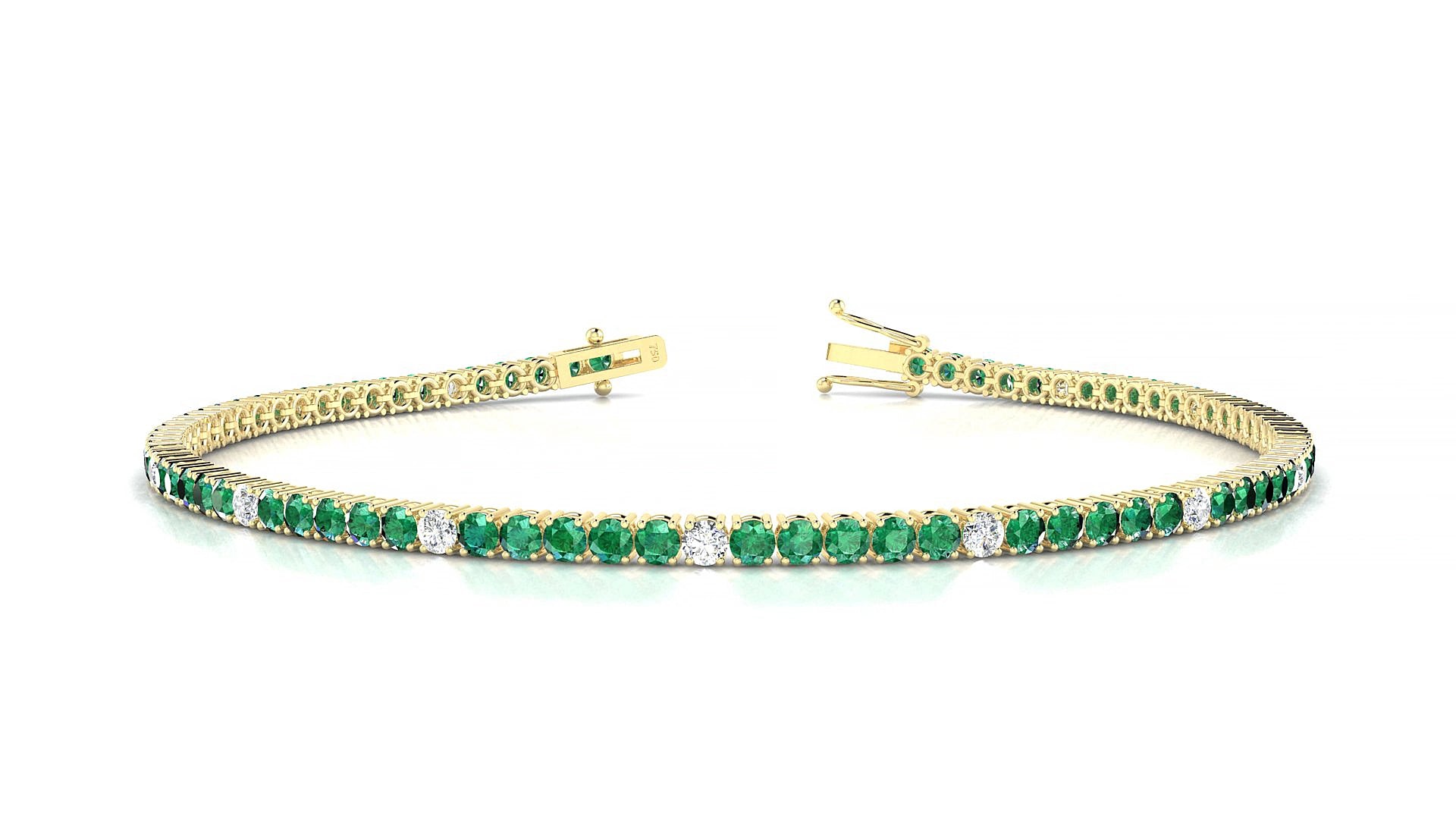 Capri 5-1 | 18k Yellow Gold 2 mm Round Natural Emerald & Diamond 17 cm Tennis Bracelet