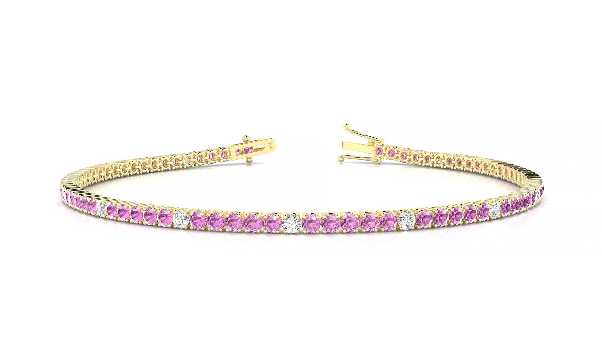Capri 5-1 | 18k Yellow Gold 2 mm Round Natural Pink Sapphire & Diamond 18 cm Tennis Bracelet