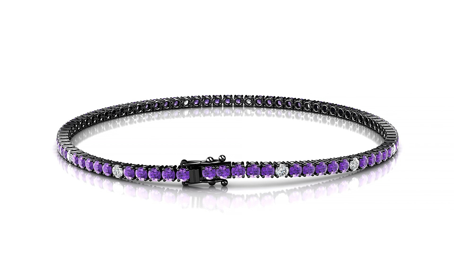 Capri 5-1 | 18k Black Gold 2 mm Round Natural Amethyst & Diamond 17 cm Tennis Bracelet