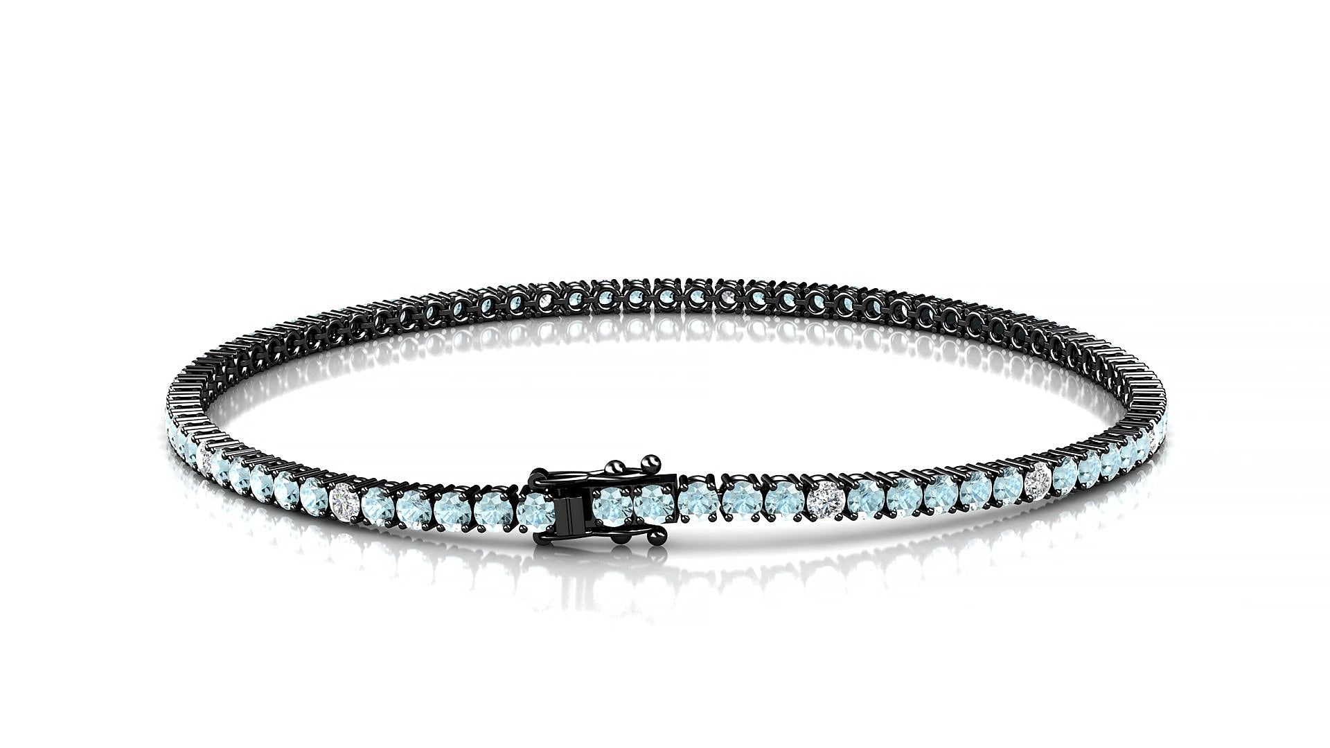 Capri 5-1 | 18k Black Gold 2 mm Round Natural Aquamarine & Diamond 15 cm Tennis Bracelet