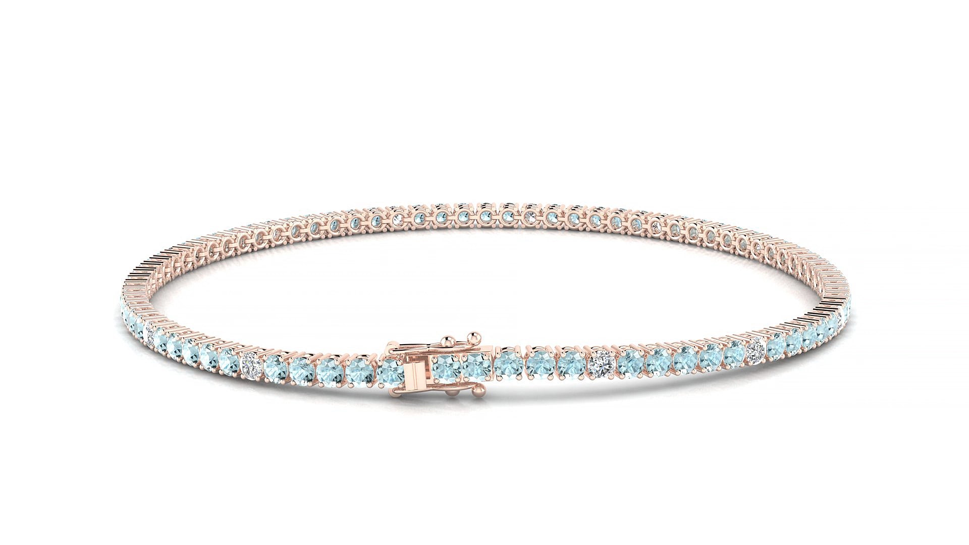 Capri 5-1 | 18k Rose Gold 2 mm Round Natural Aquamarine & Diamond 15 cm Tennis Bracelet