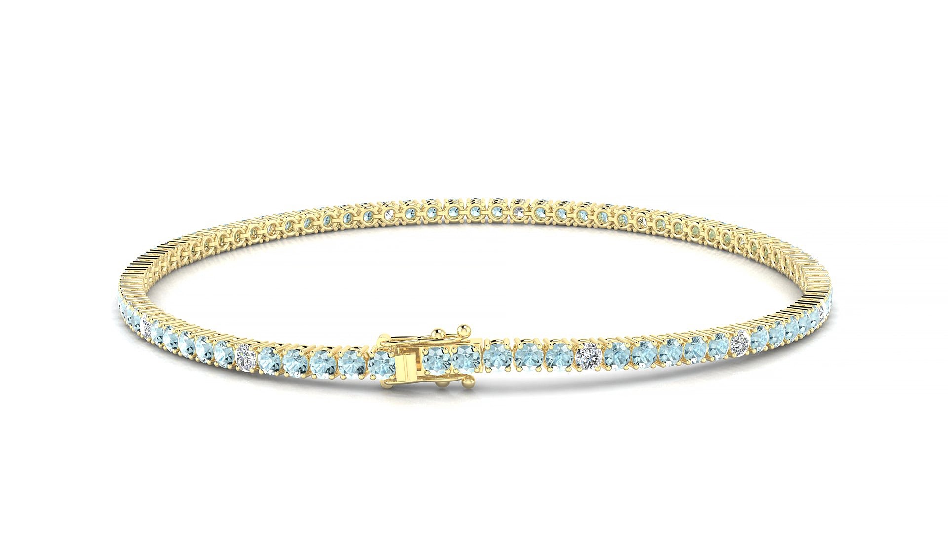 Capri 5-1 | 18k Yellow Gold 2 mm Round Natural Aquamarine & Diamond 15 cm Tennis Bracelet