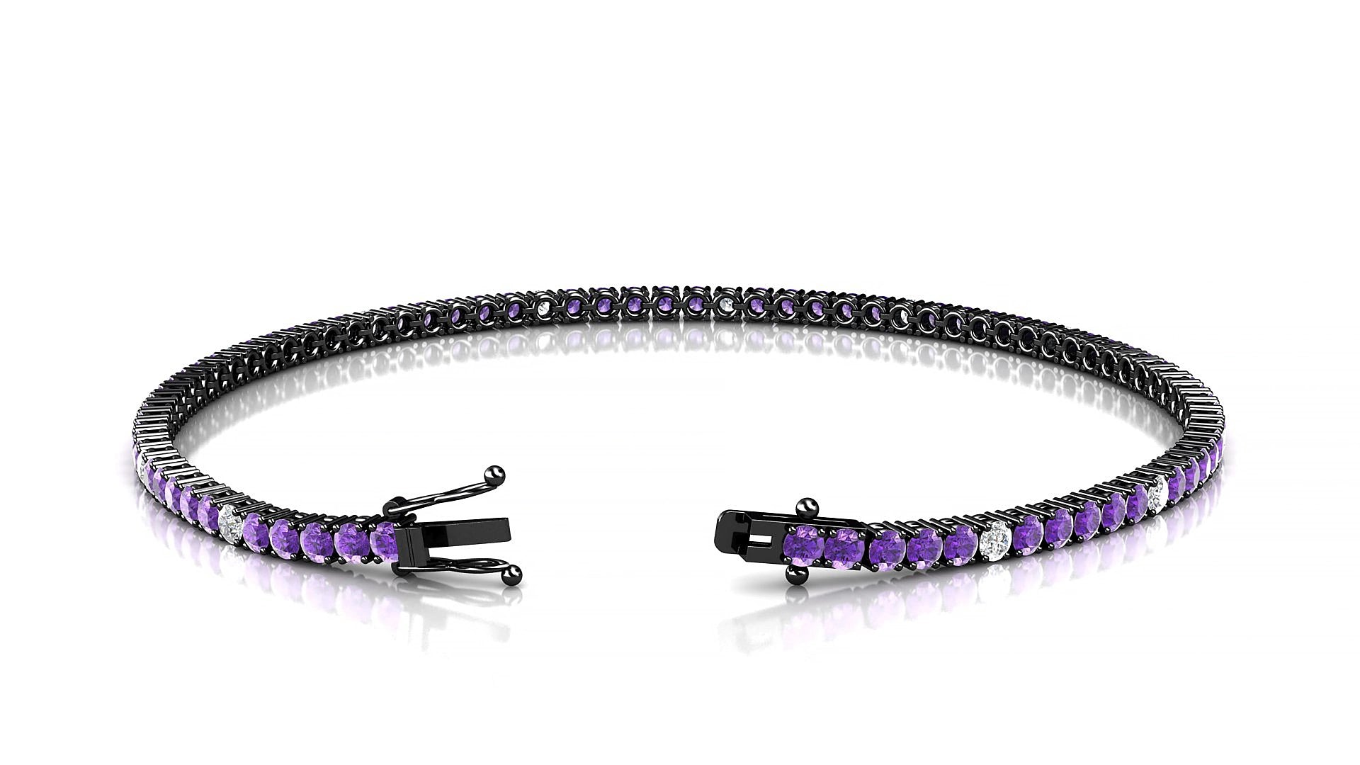 Capri 5-1 | 18k Black Gold 2 mm Round Natural Amethyst & Diamond 18 cm Tennis Bracelet