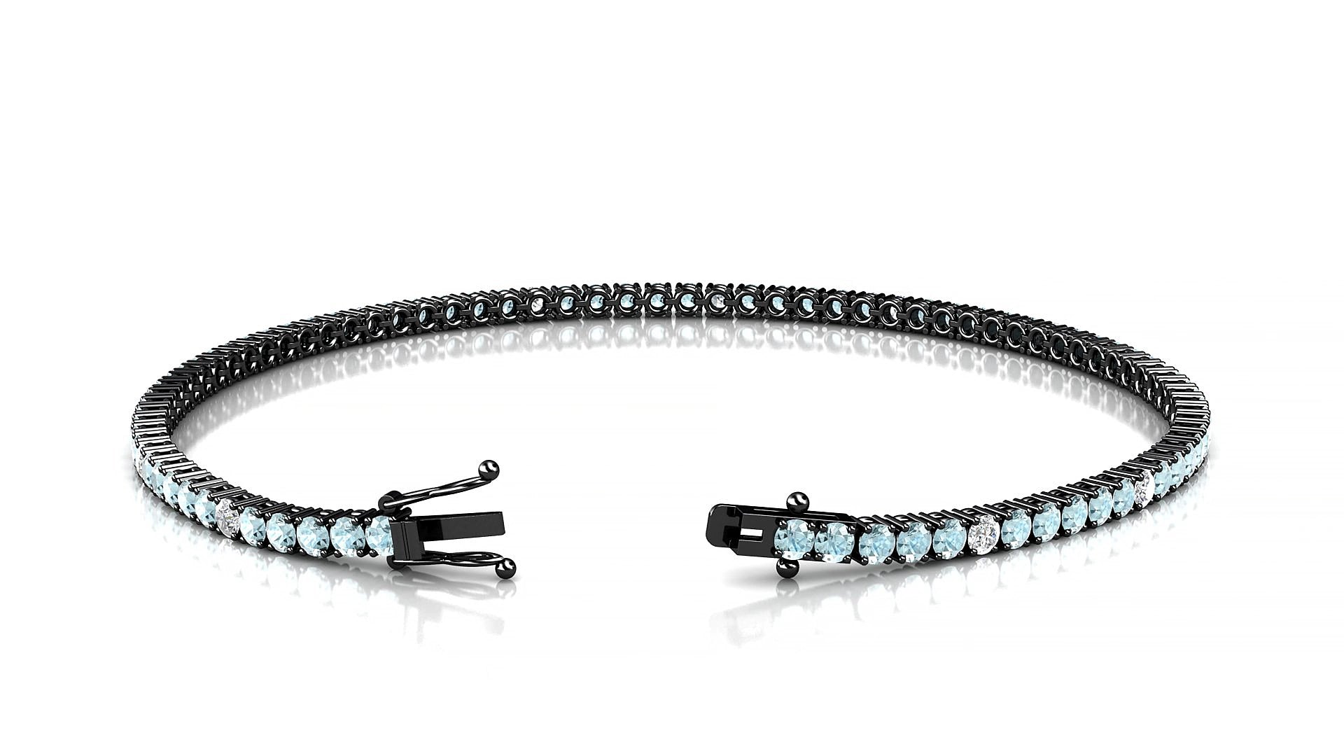 Capri 5-1 | 18k Black Gold 2 mm Round Natural Aquamarine & Diamond 17 cm Tennis Bracelet