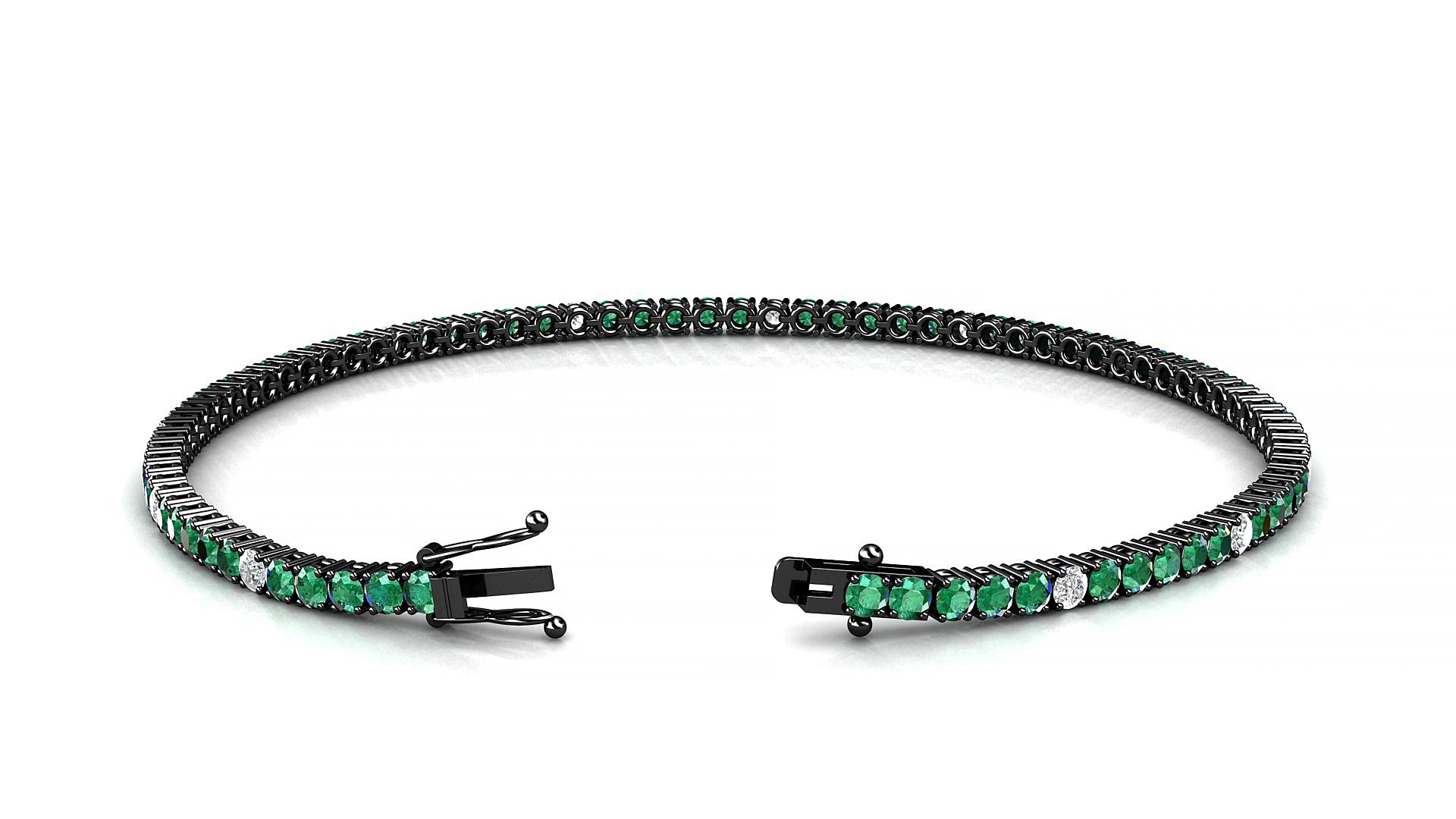 Capri 5-1 | 18k Black Gold 2 mm Round Natural Emerald & Diamond 17 cm Tennis Bracelet