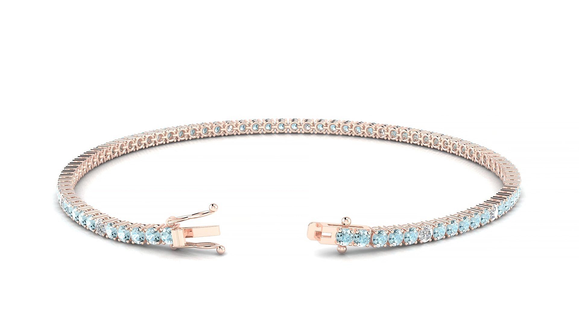 Capri 5-1 | 18k Rose Gold 2 mm Round Natural Aquamarine & Diamond 15 cm Tennis Bracelet