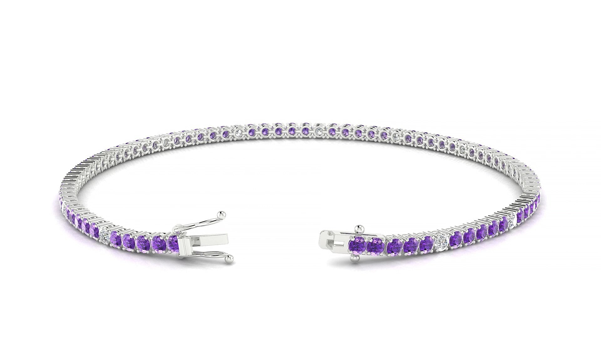 Capri 5-1 | 18k White Gold 2 mm Round Natural Amethyst & Diamond 15 cm Tennis Bracelet