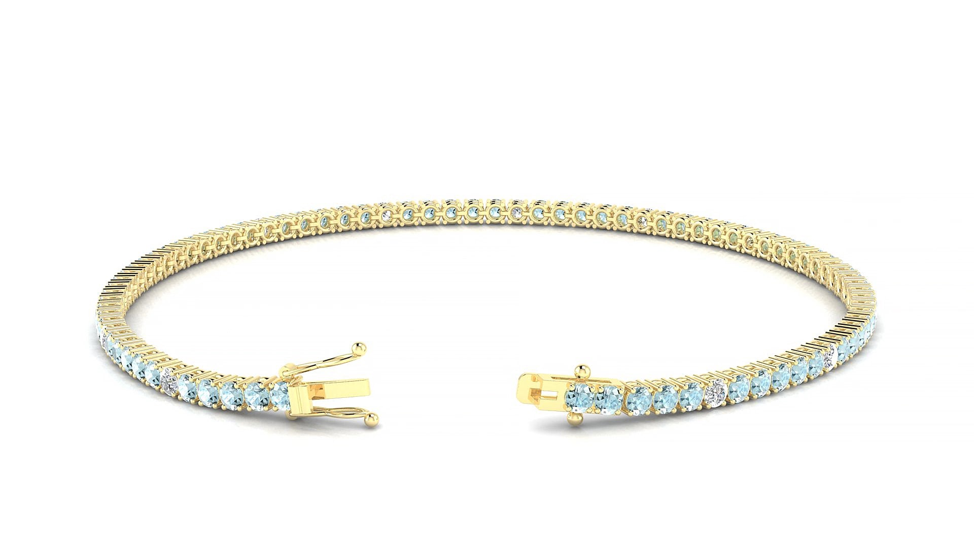 Capri 5-1 | 18k Yellow Gold 2 mm Round Natural Aquamarine & Diamond 15 cm Tennis Bracelet