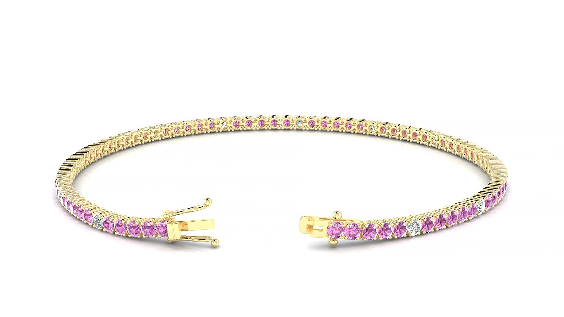 Capri 5-1 | 18k Yellow Gold 2 mm Round Natural Pink Sapphire & Diamond 15 cm Tennis Bracelet
