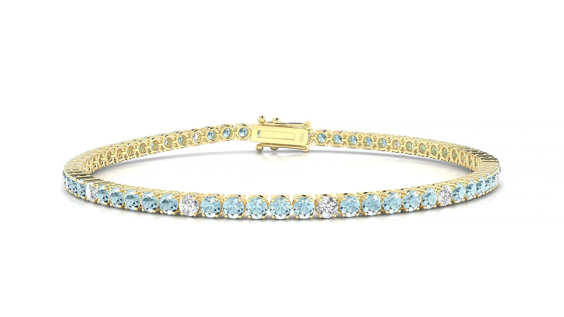 Capri 5-1 | 18k Yellow Gold 2.5 mm Round Natural Aquamarine & Diamond 16 cm Tennis Bracelet