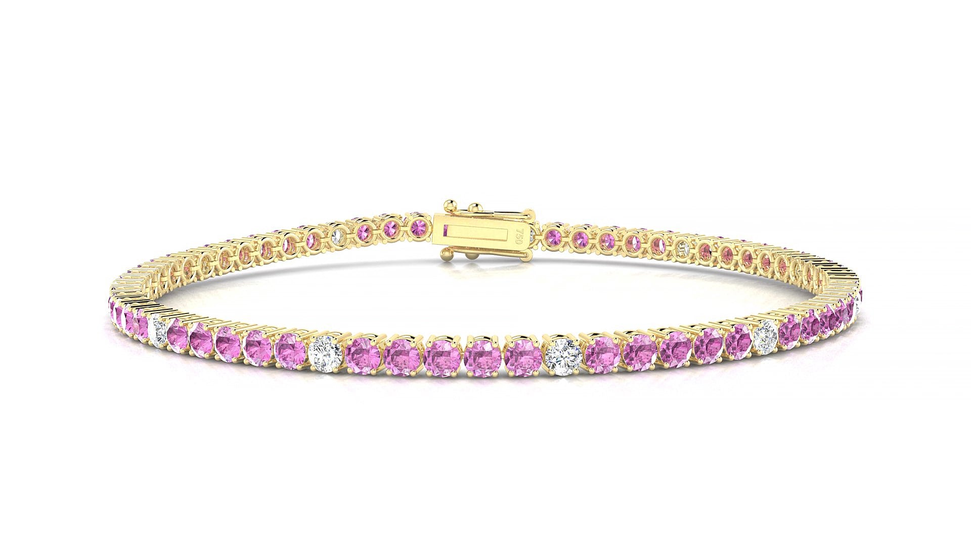 Capri 5-1 | 18k Yellow Gold 2.5 mm Round Natural Pink Sapphire & Diamond 19 cm Tennis Bracelet