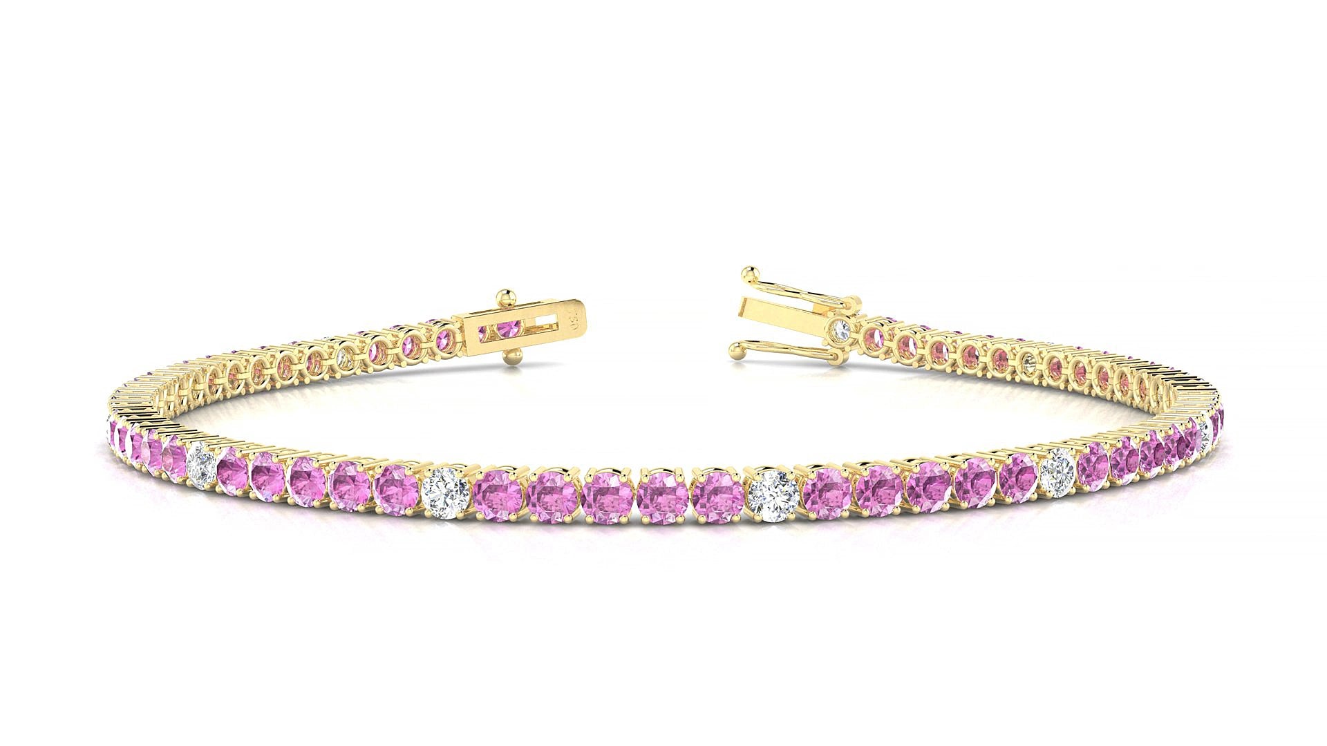 Capri 5-1 | 18k Yellow Gold 2.5 mm Round Natural Pink Sapphire & Diamond 18 cm Tennis Bracelet