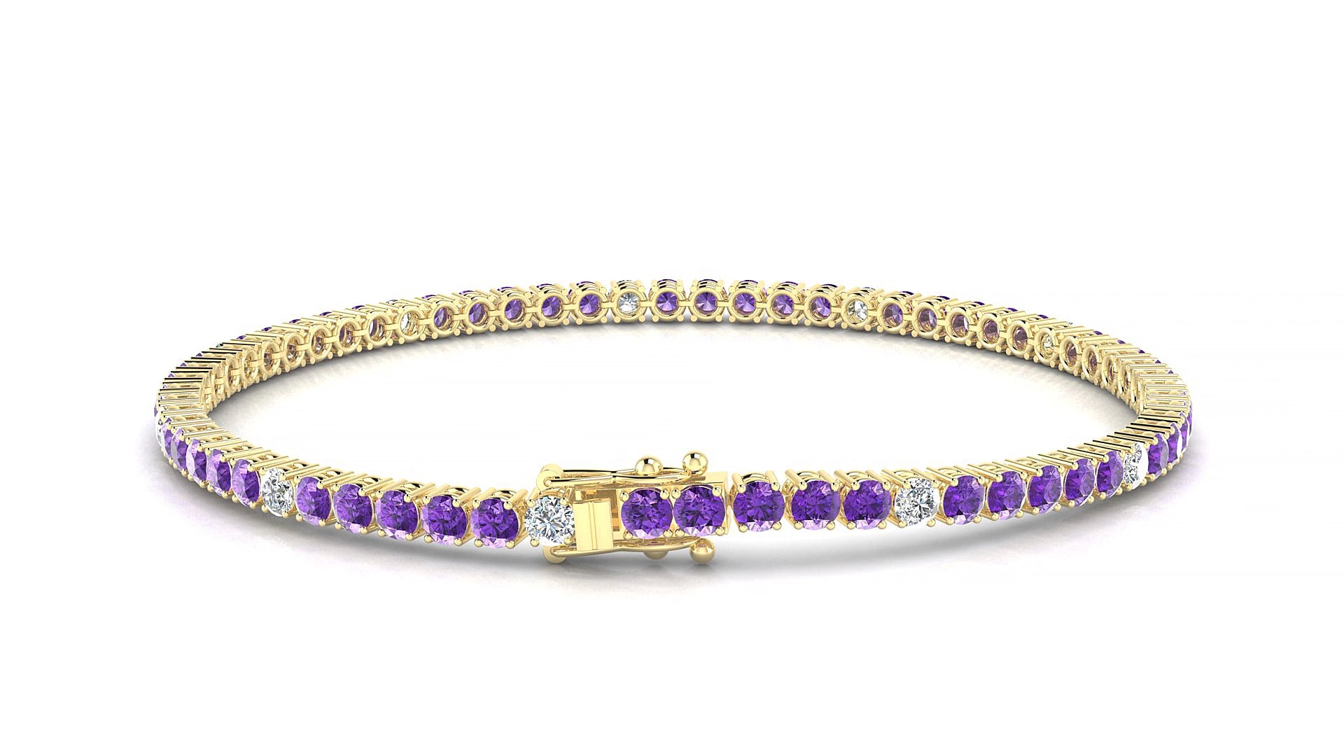 Capri 5-1 | 18k Yellow Gold 2.5 mm Round Natural Amethyst & Diamond 15 cm Tennis Bracelet