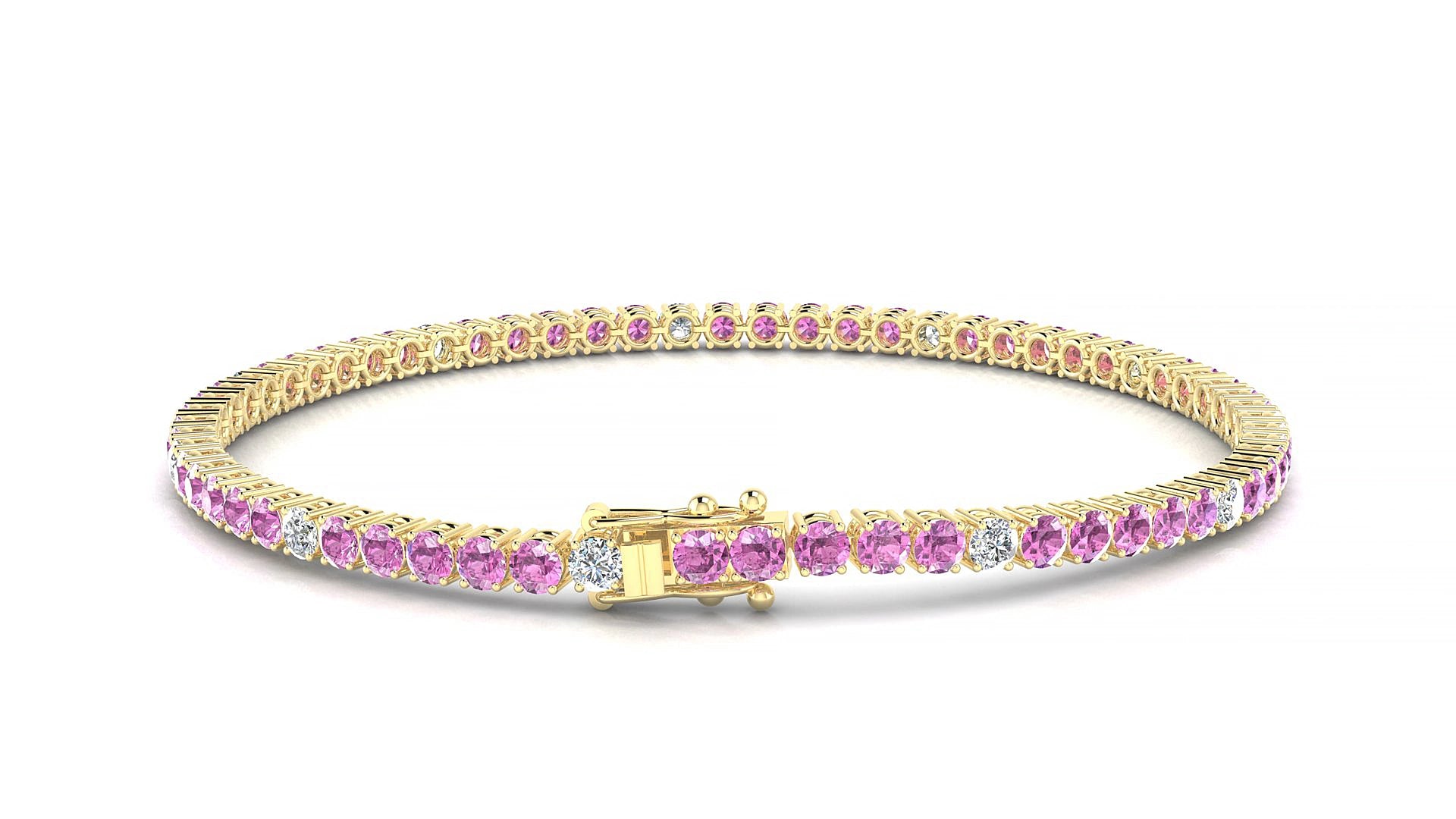 Capri 5-1 | 18k Yellow Gold 2.5 mm Round Natural Pink Sapphire & Diamond 19 cm Tennis Bracelet