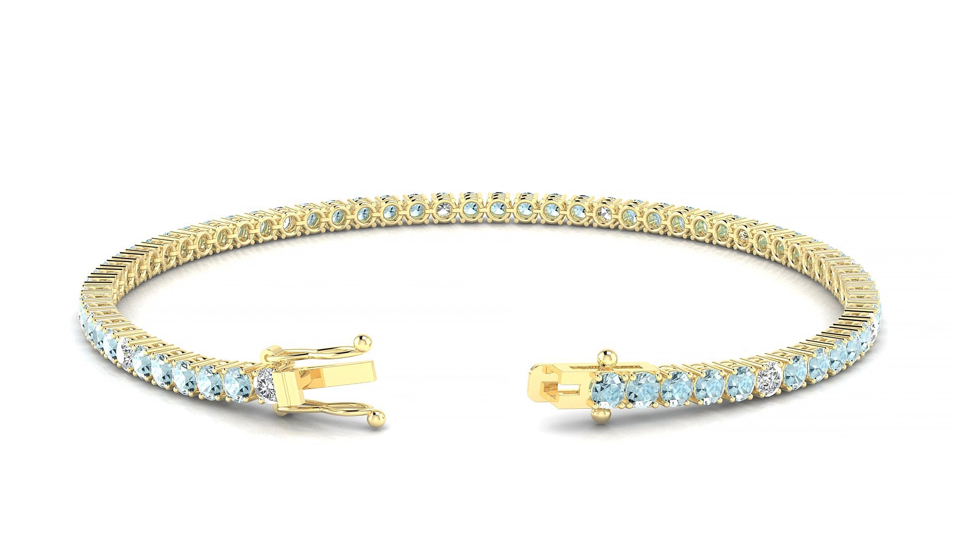 Capri 5-1 | 18k Yellow Gold 2.5 mm Round Natural Aquamarine & Diamond 15 cm Tennis Bracelet